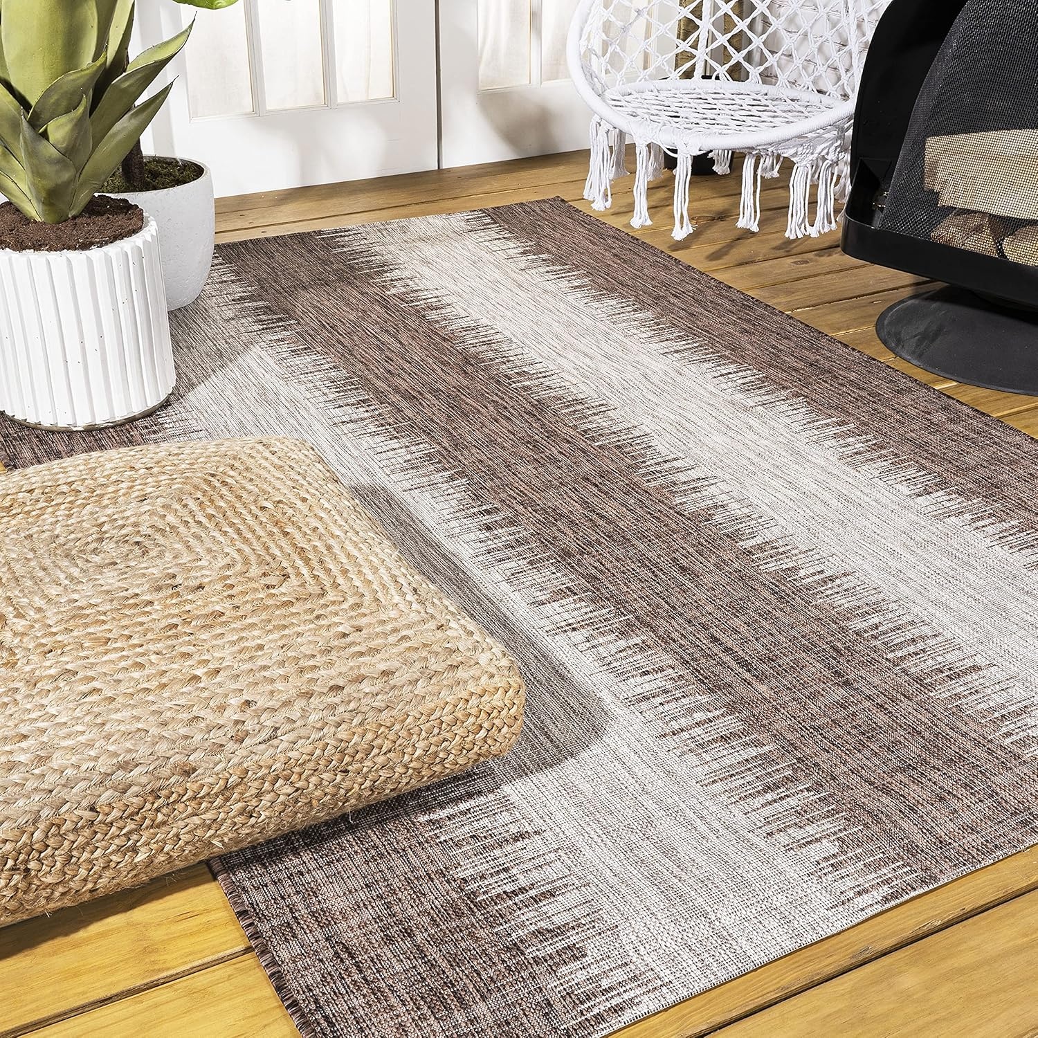 image:imageJONATHAN Y Modern Strie Indoor Outdoor Area Rug 3X5 BlueBeige Tavira for Backyard Patio Porch EasyCleaning High Traffic PetFriendly NonShedding SMB113A3BrownBeige