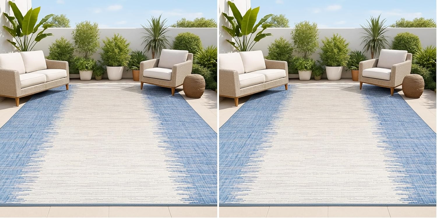 image:imageJONATHAN Y Modern Strie Indoor Outdoor Area Rug 3X5 BlueBeige Tavira for Backyard Patio Porch EasyCleaning High Traffic PetFriendly NonShedding SMB113A3BlueBeige