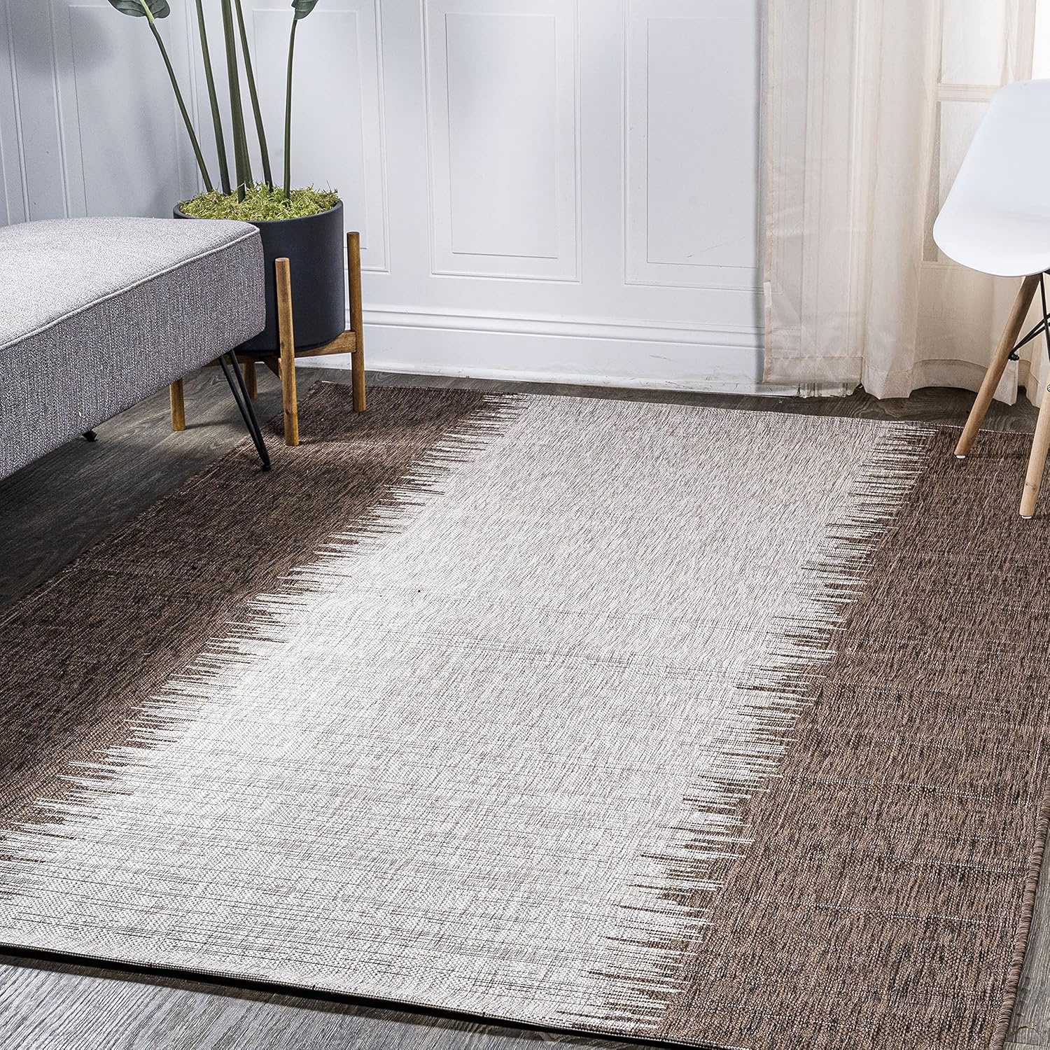 image:imageJONATHAN Y Modern Strie Indoor Outdoor Area Rug 3X5 BlueBeige Tavira for Backyard Patio Porch EasyCleaning High Traffic PetFriendly NonShedding SMB113A3BrownBeige
