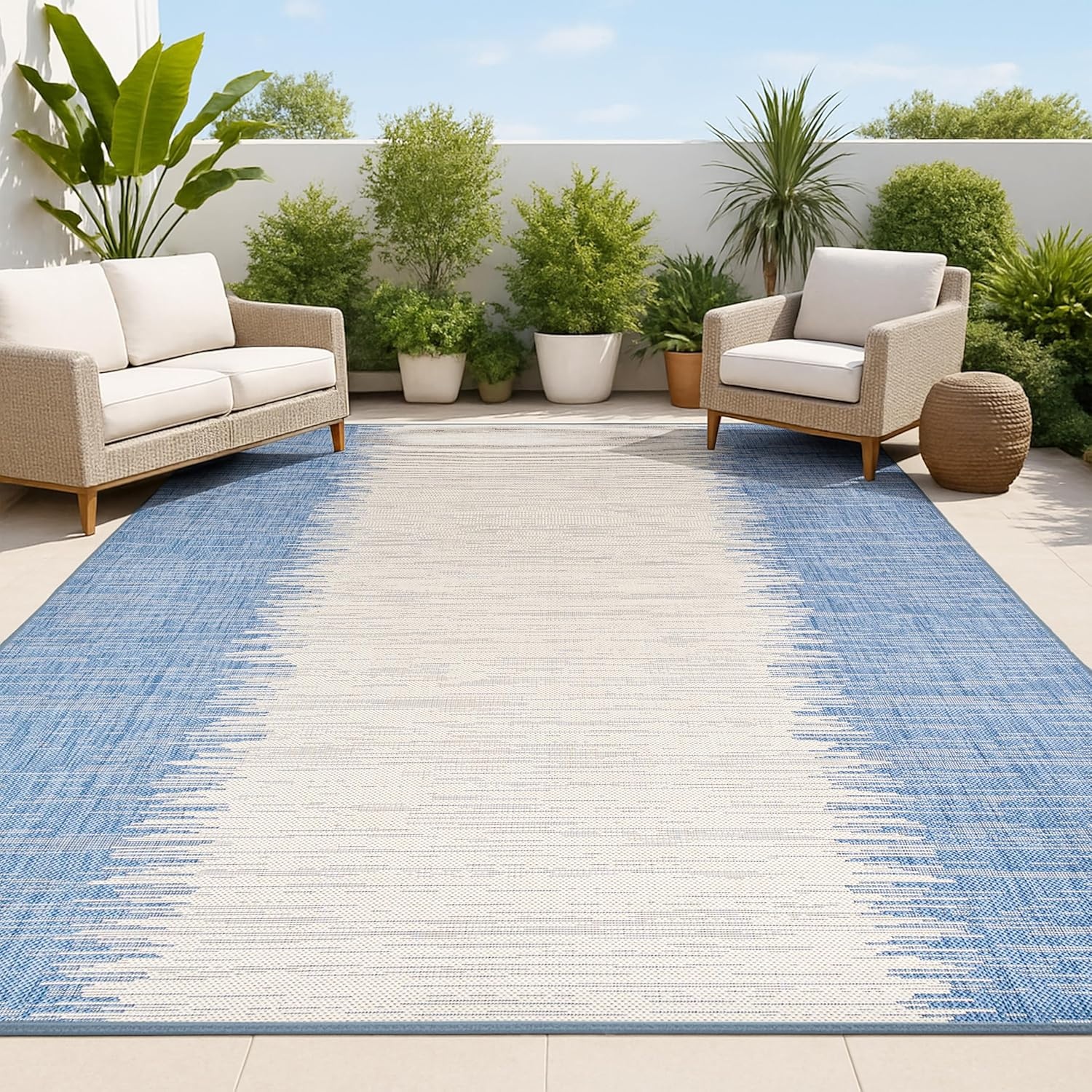 image:imageJONATHAN Y Modern Strie Indoor Outdoor Area Rug 3X5 BlueBeige Tavira for Backyard Patio Porch EasyCleaning High Traffic PetFriendly NonShedding SMB113A3BlueBeige