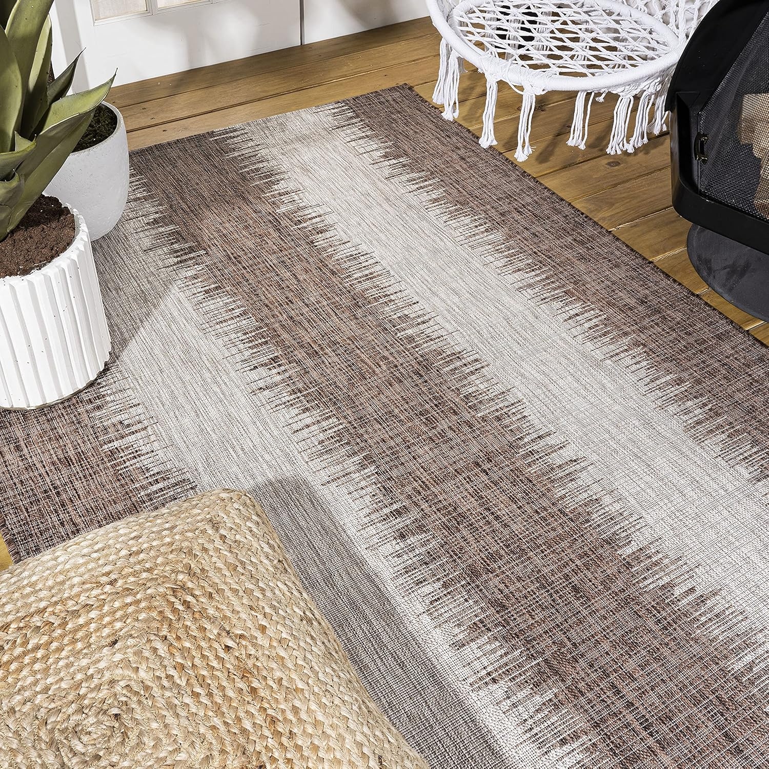 image:imageJONATHAN Y Modern Strie Indoor Outdoor Area Rug 3X5 BlueBeige Tavira for Backyard Patio Porch EasyCleaning High Traffic PetFriendly NonShedding SMB113A3BrownBeige