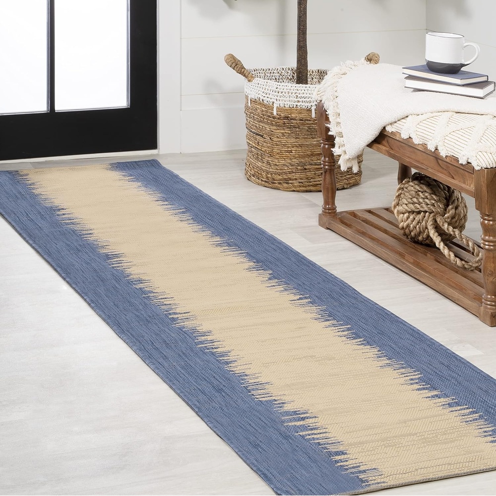 image:imageJONATHAN Y Modern Strie Indoor Outdoor Area Rug 3X5 BlueBeige Tavira for Backyard Patio Porch EasyCleaning High Traffic PetFriendly NonShedding SMB113A3BlueBeige