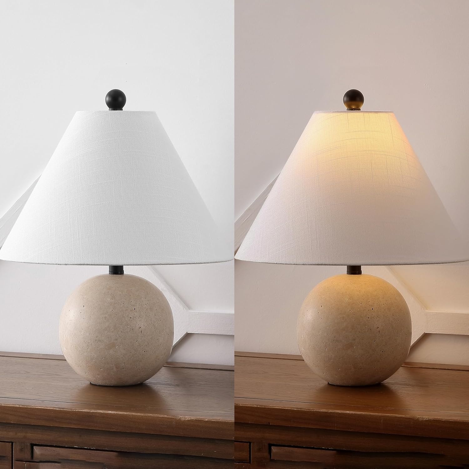image:imageJONATHAN Y 16 Modern Minimalist Travertine Stone Table Lamp Beige MidCentury Scandinavian Bedside Lamp for Living Room White Linen Shade LED Bulb Included JYL1151A