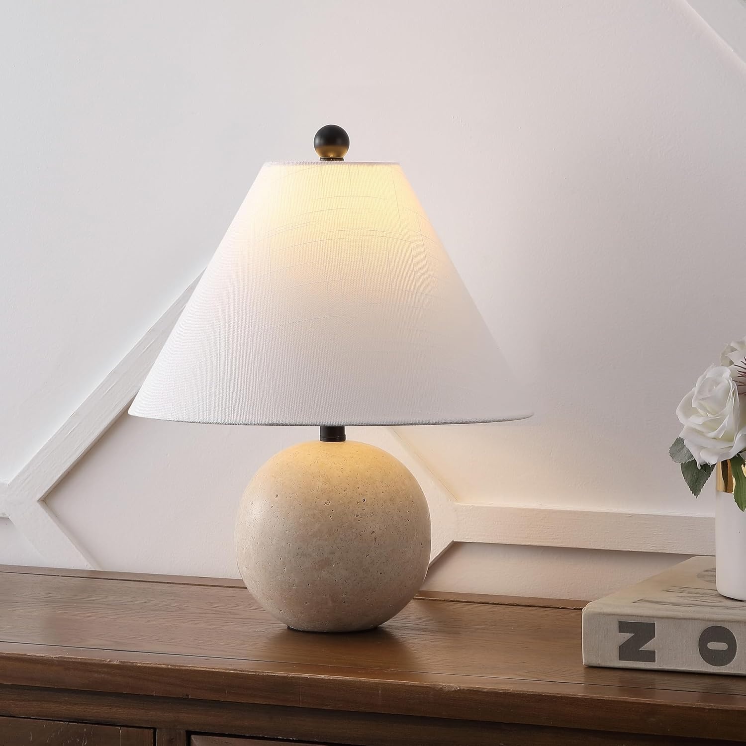 image:imageJONATHAN Y 16 Modern Minimalist Travertine Stone Table Lamp Beige MidCentury Scandinavian Bedside Lamp for Living Room White Linen Shade LED Bulb Included JYL1151A