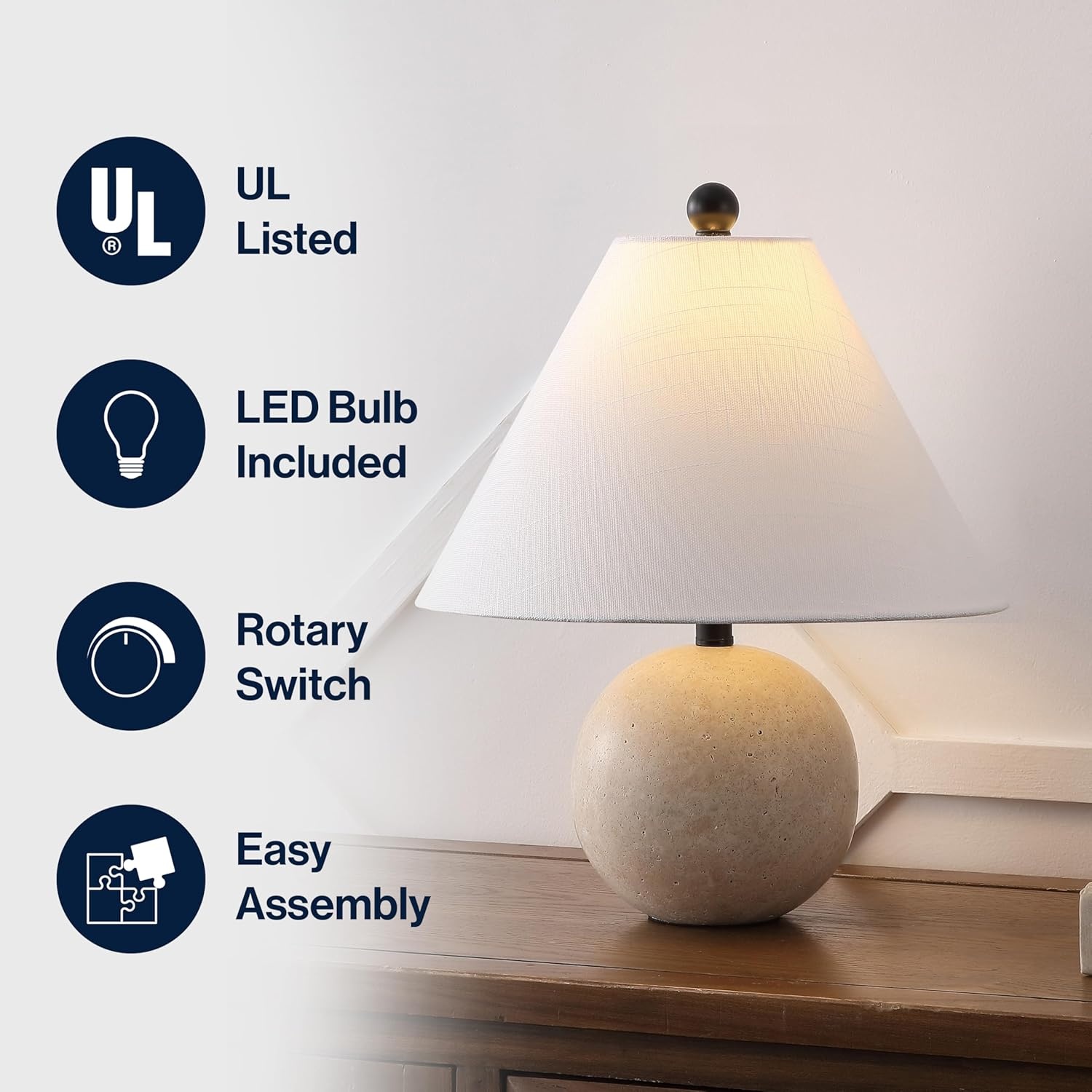image:imageJONATHAN Y 16 Modern Minimalist Travertine Stone Table Lamp Beige MidCentury Scandinavian Bedside Lamp for Living Room White Linen Shade LED Bulb Included JYL1151A