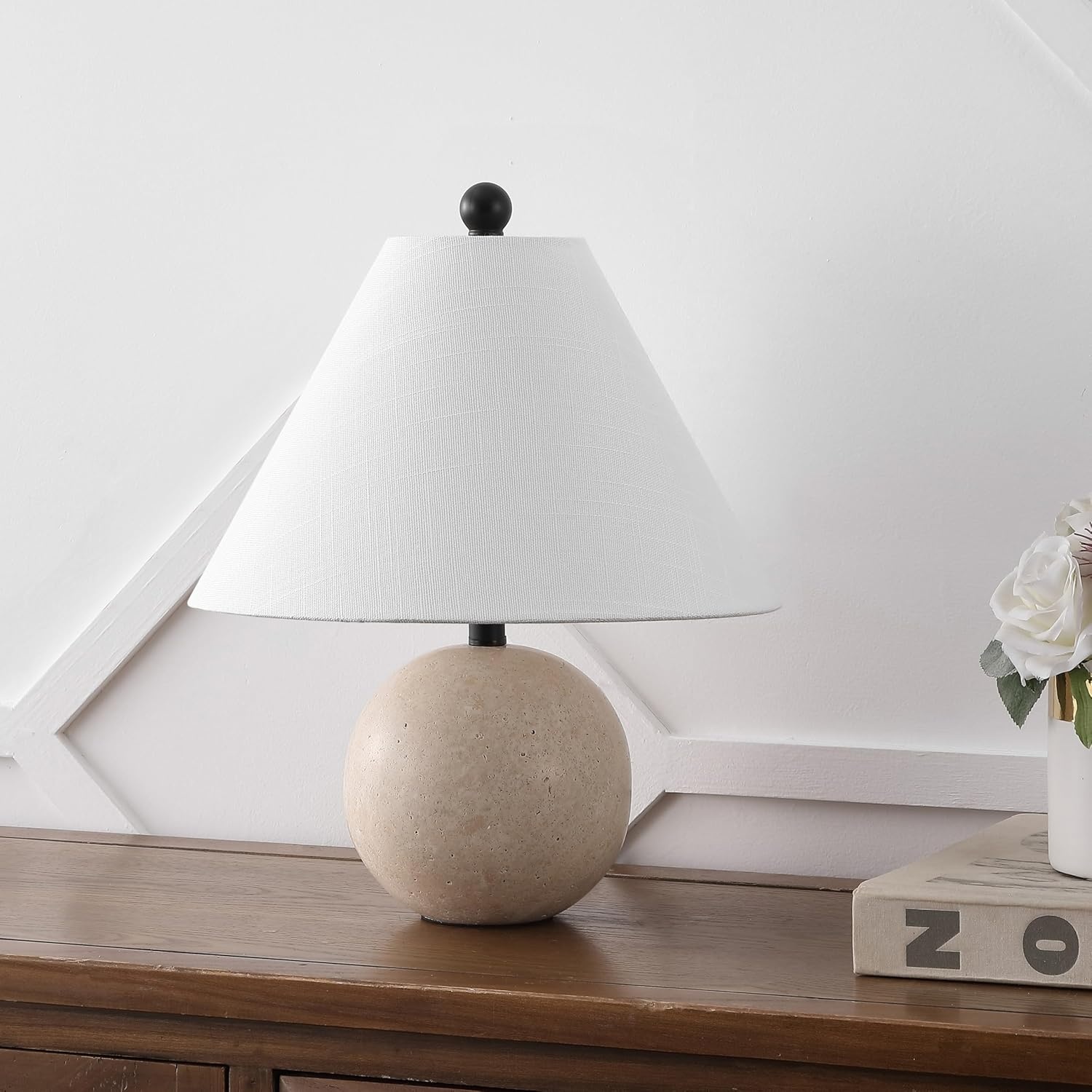 image:imageJONATHAN Y 16 Modern Minimalist Travertine Stone Table Lamp Beige MidCentury Scandinavian Bedside Lamp for Living Room White Linen Shade LED Bulb Included JYL1151A