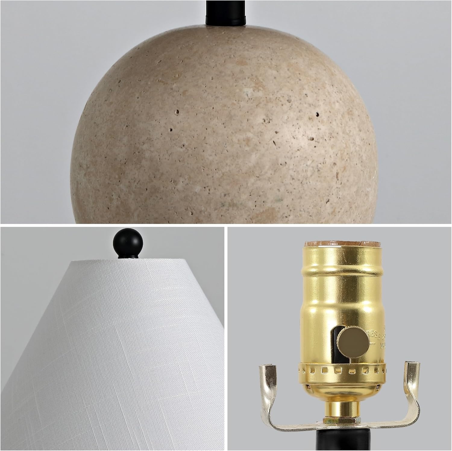 image:imageJONATHAN Y 16 Modern Minimalist Travertine Stone Table Lamp Beige MidCentury Scandinavian Bedside Lamp for Living Room White Linen Shade LED Bulb Included JYL1151A