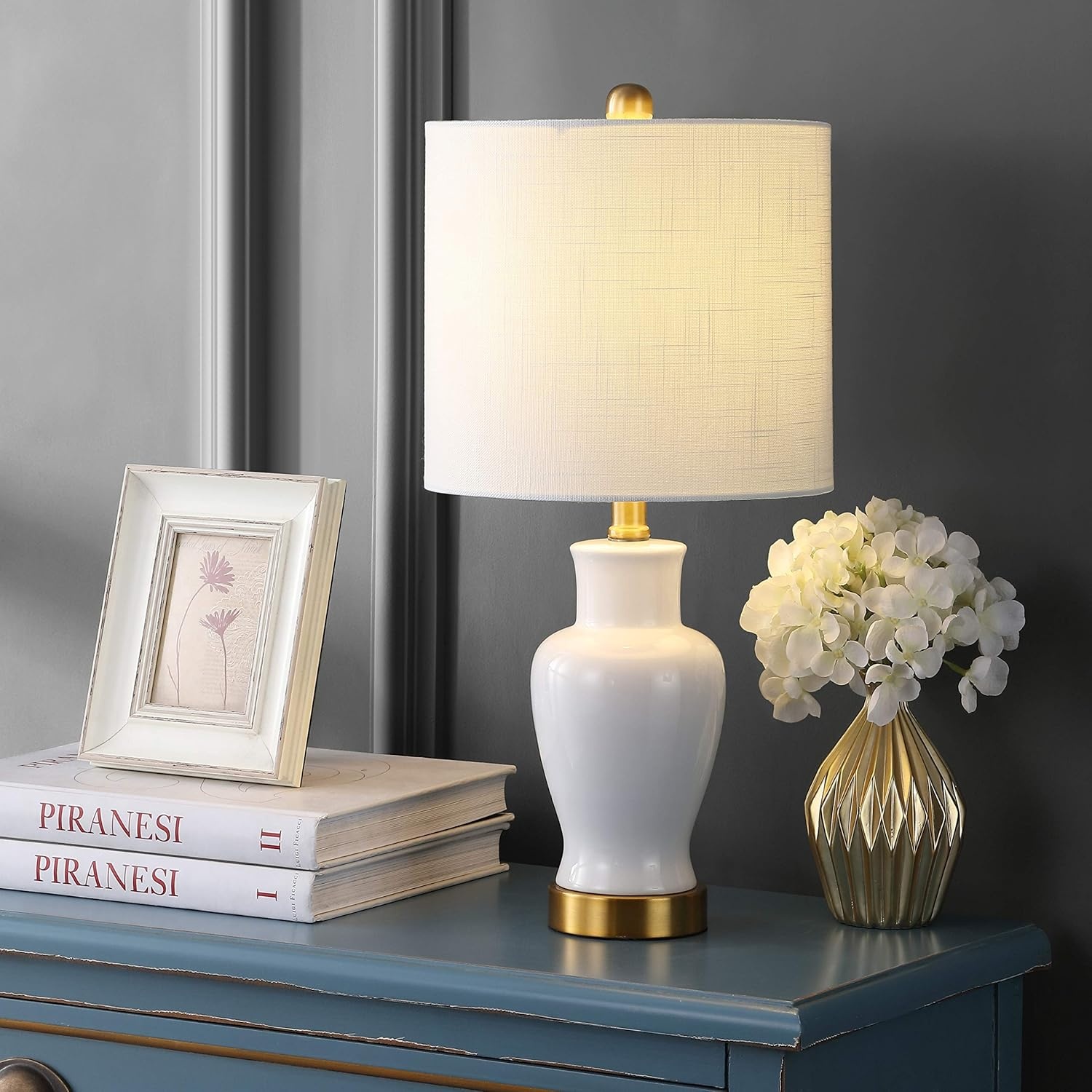 image:imageJONATHAN Y 21 White Ceramic Modern Classic Table Lamp Porcelain Vase Bedside Lamp with Brass Gold Base and White Linen Drum Shade LED Bulb Included UL Listed JYL6605A