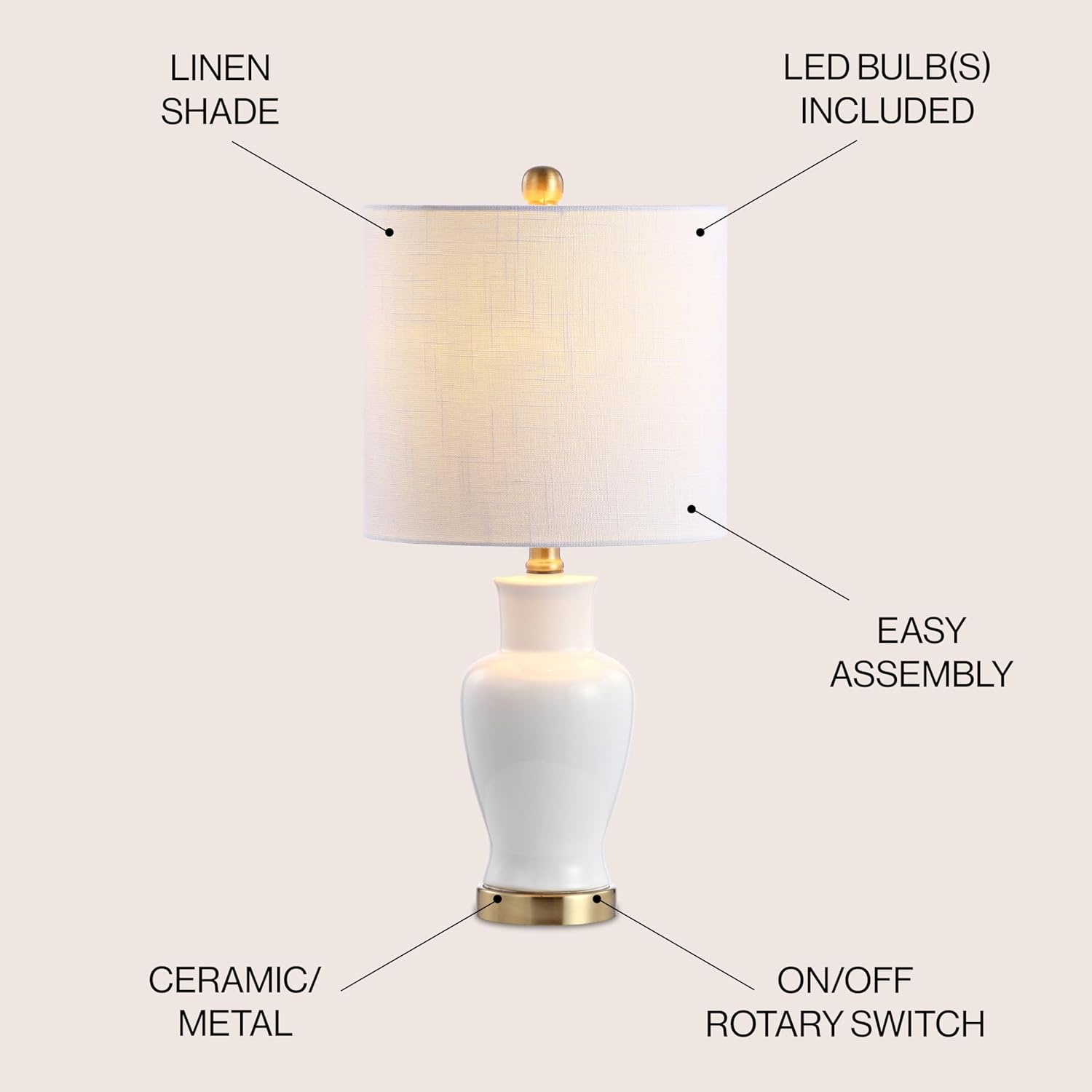 image:imageJONATHAN Y 21 White Ceramic Modern Classic Table Lamp Porcelain Vase Bedside Lamp with Brass Gold Base and White Linen Drum Shade LED Bulb Included UL Listed JYL6605A