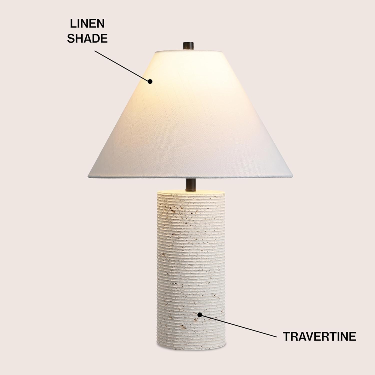 image:imageJONATHAN Y 2250 Modern Minimalist Travertine Column LED Table Lamp Beige Natural Stone Base with White Linen Empire Shade for Living Room Bedroom LED Bulb Included JYL1152A