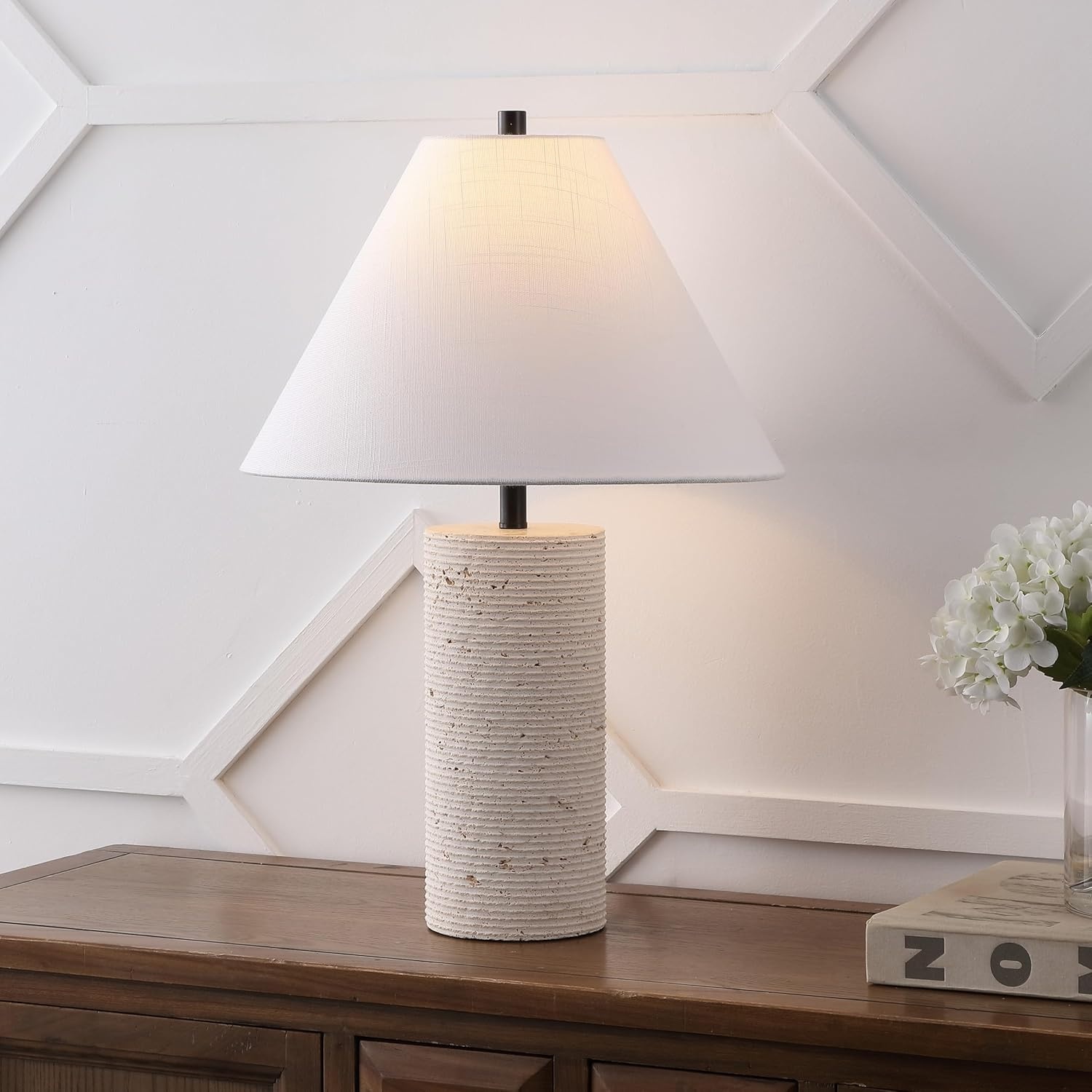 image:imageJONATHAN Y 2250 Modern Minimalist Travertine Column LED Table Lamp Beige Natural Stone Base with White Linen Empire Shade for Living Room Bedroom LED Bulb Included JYL1152A