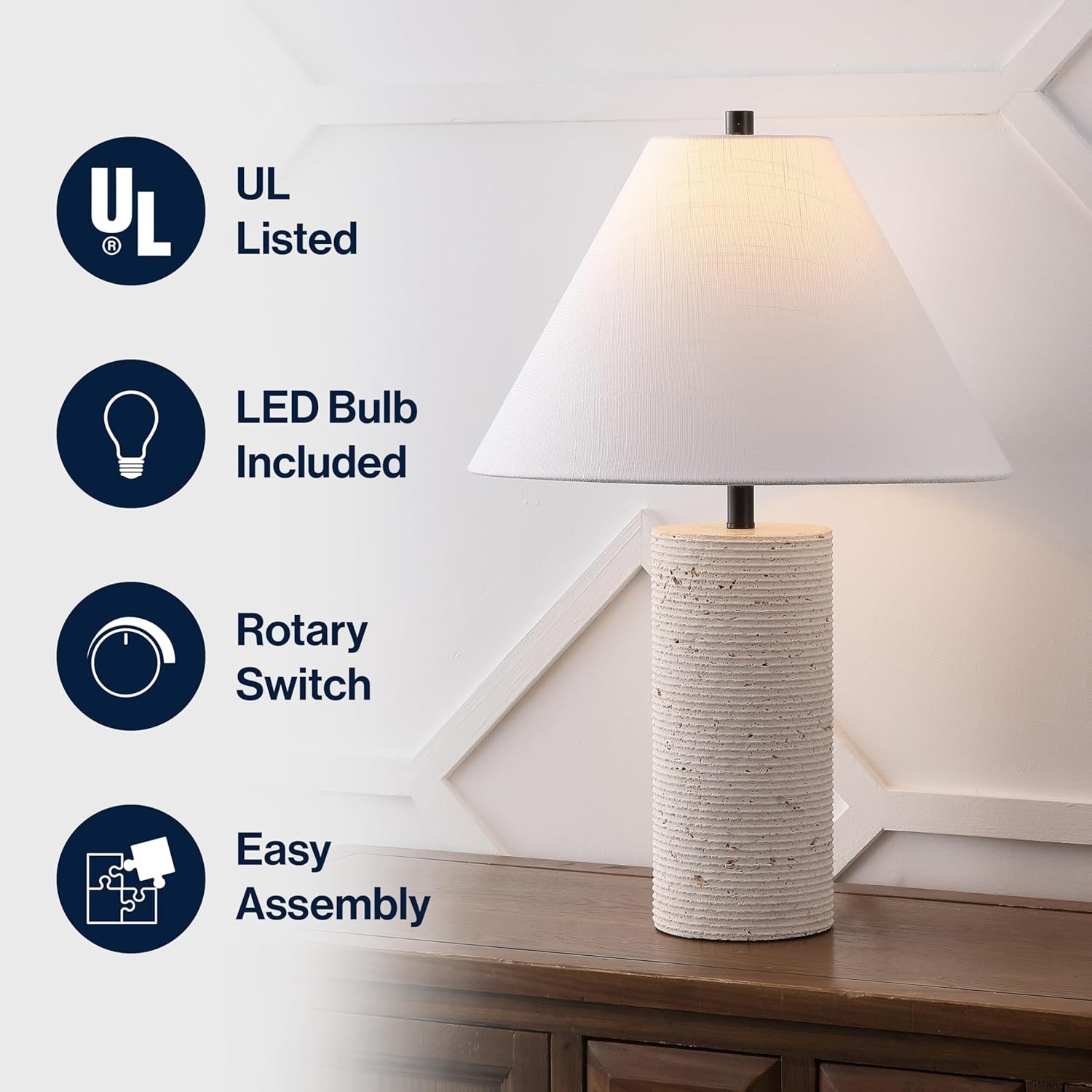 image:imageJONATHAN Y 2250 Modern Minimalist Travertine Column LED Table Lamp Beige Natural Stone Base with White Linen Empire Shade for Living Room Bedroom LED Bulb Included JYL1152A