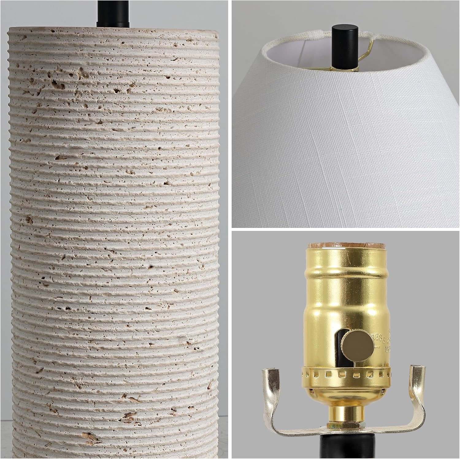 image:imageJONATHAN Y 2250 Modern Minimalist Travertine Column LED Table Lamp Beige Natural Stone Base with White Linen Empire Shade for Living Room Bedroom LED Bulb Included JYL1152A