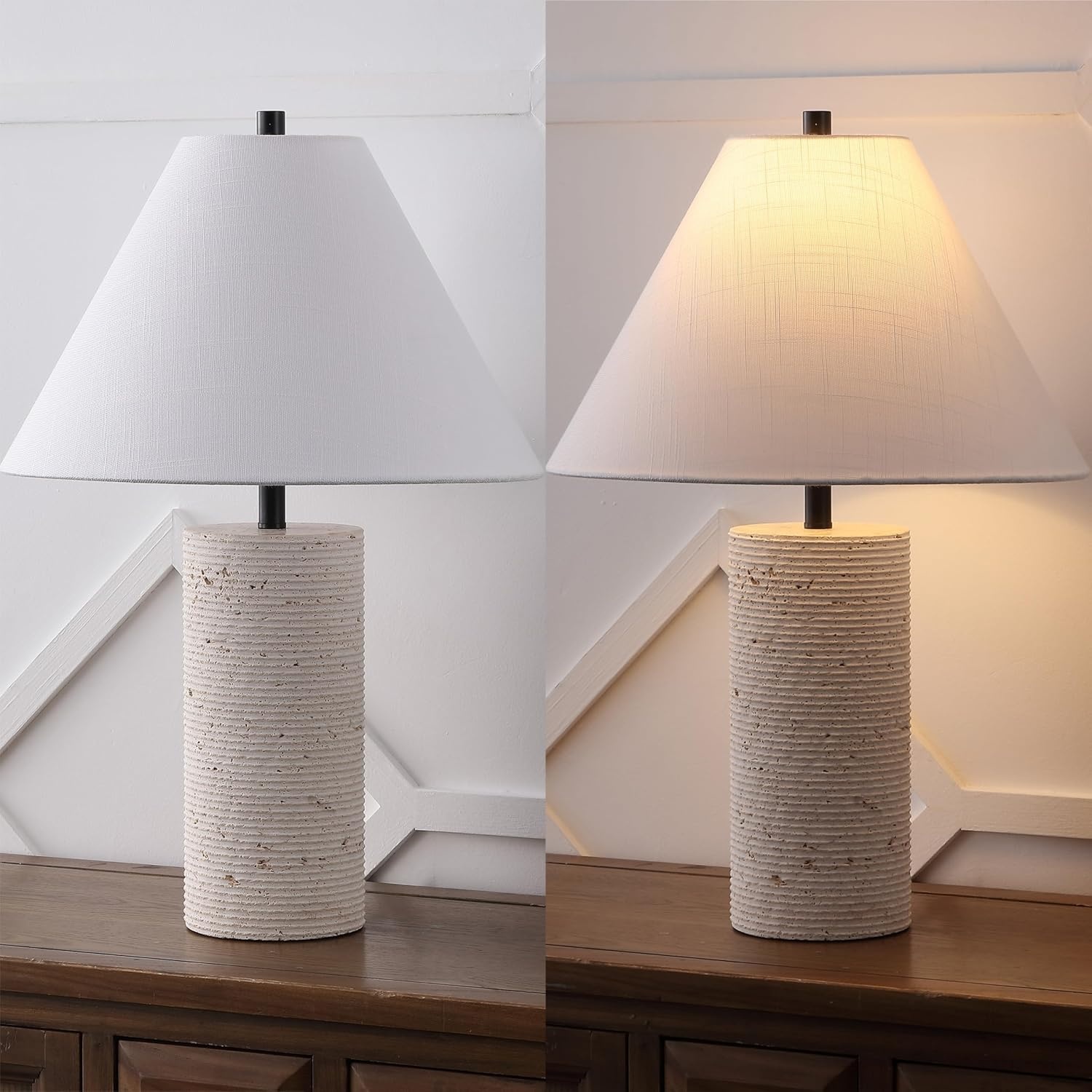 image:imageJONATHAN Y 2250 Modern Minimalist Travertine Column LED Table Lamp Beige Natural Stone Base with White Linen Empire Shade for Living Room Bedroom LED Bulb Included JYL1152A
