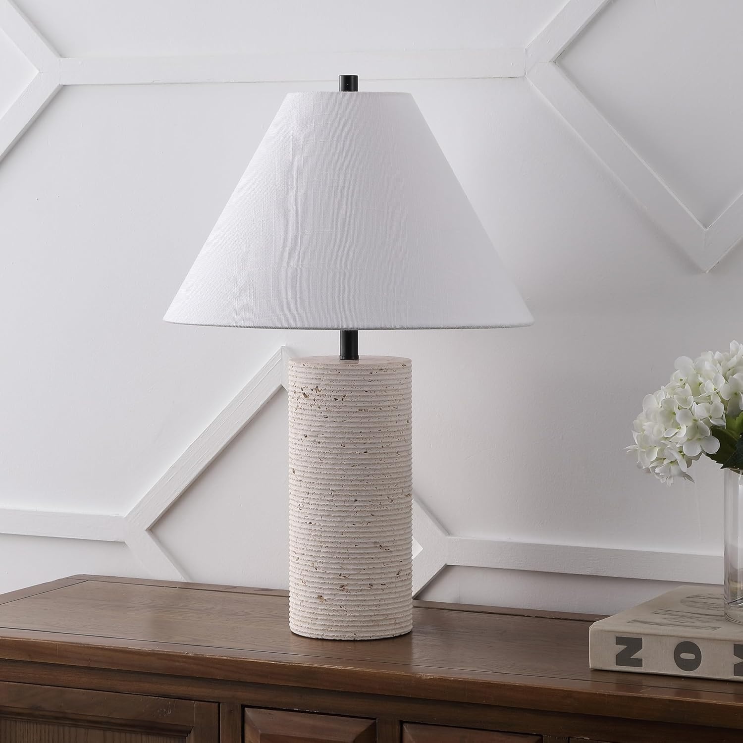image:imageJONATHAN Y 2250 Modern Minimalist Travertine Column LED Table Lamp Beige Natural Stone Base with White Linen Empire Shade for Living Room Bedroom LED Bulb Included JYL1152A