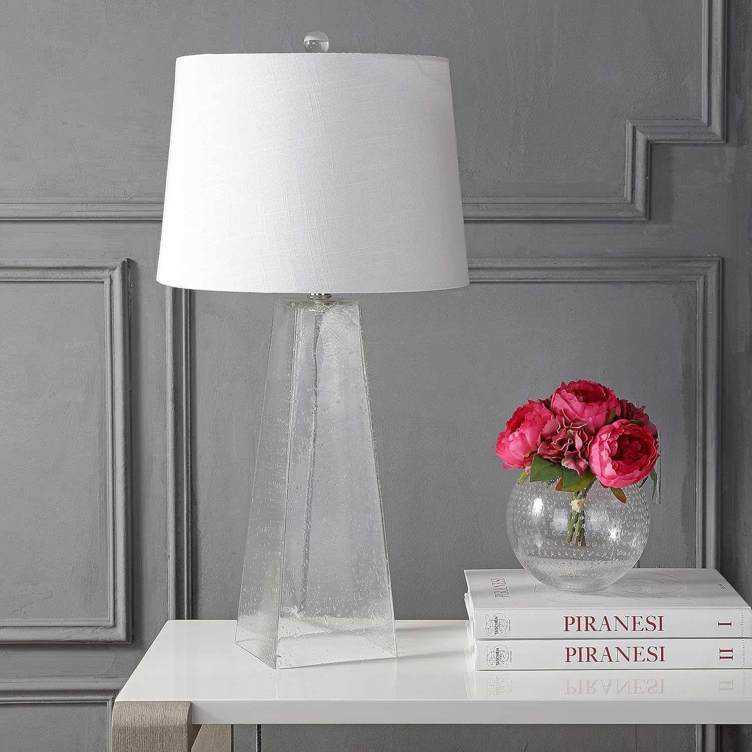 image:imageJONATHAN Y 285 Clear Glass Modern Column LED Table Lamp Contemporary Minimalist Lamp for Living Room Bedroom White Linen Empire Shade LED Bulb Included UL Listed JYL2006A