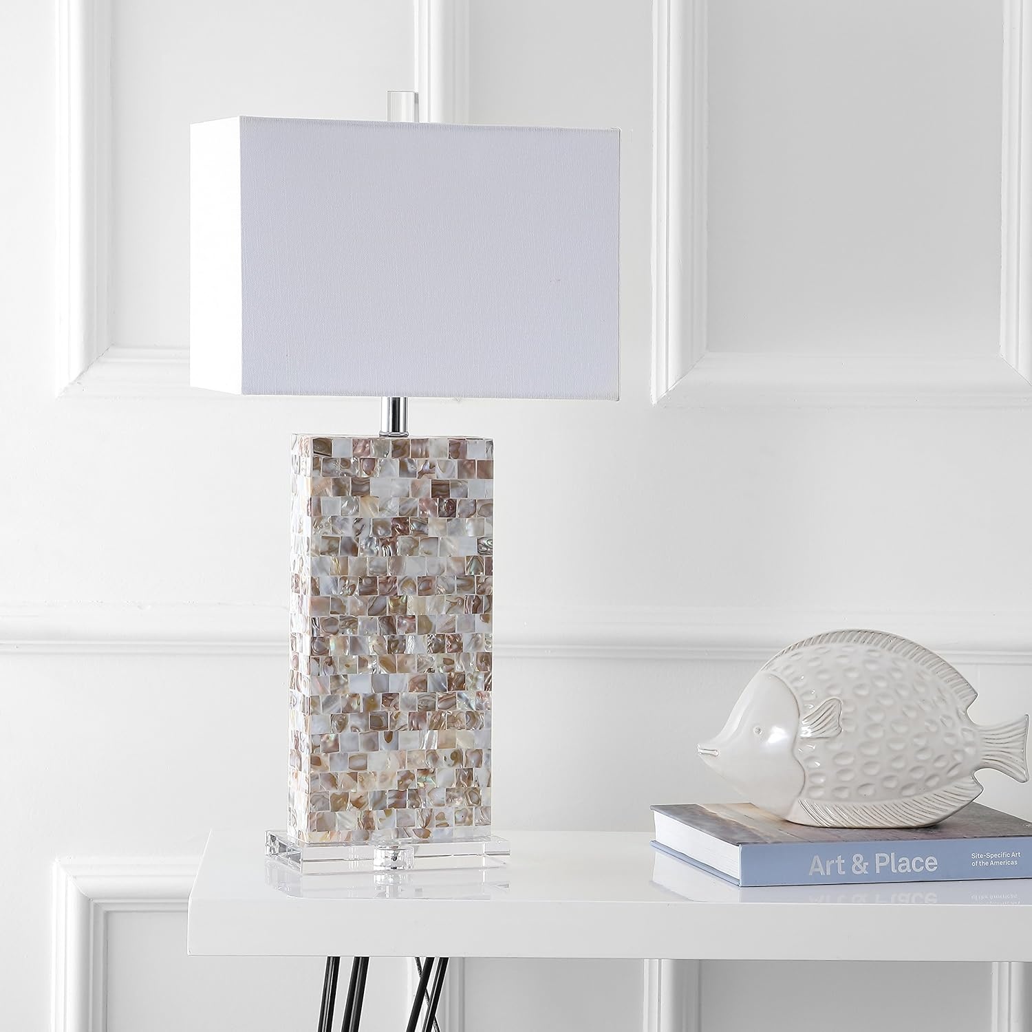 image:imageJONATHAN Y 29 Natural Seashell and Crystal Table Lamp Coastal Mosaic Capiz Shell Bedside Lamp for Living Room Bedroom White Linen Rectangle Shade LED Bulb Included JYL1059A