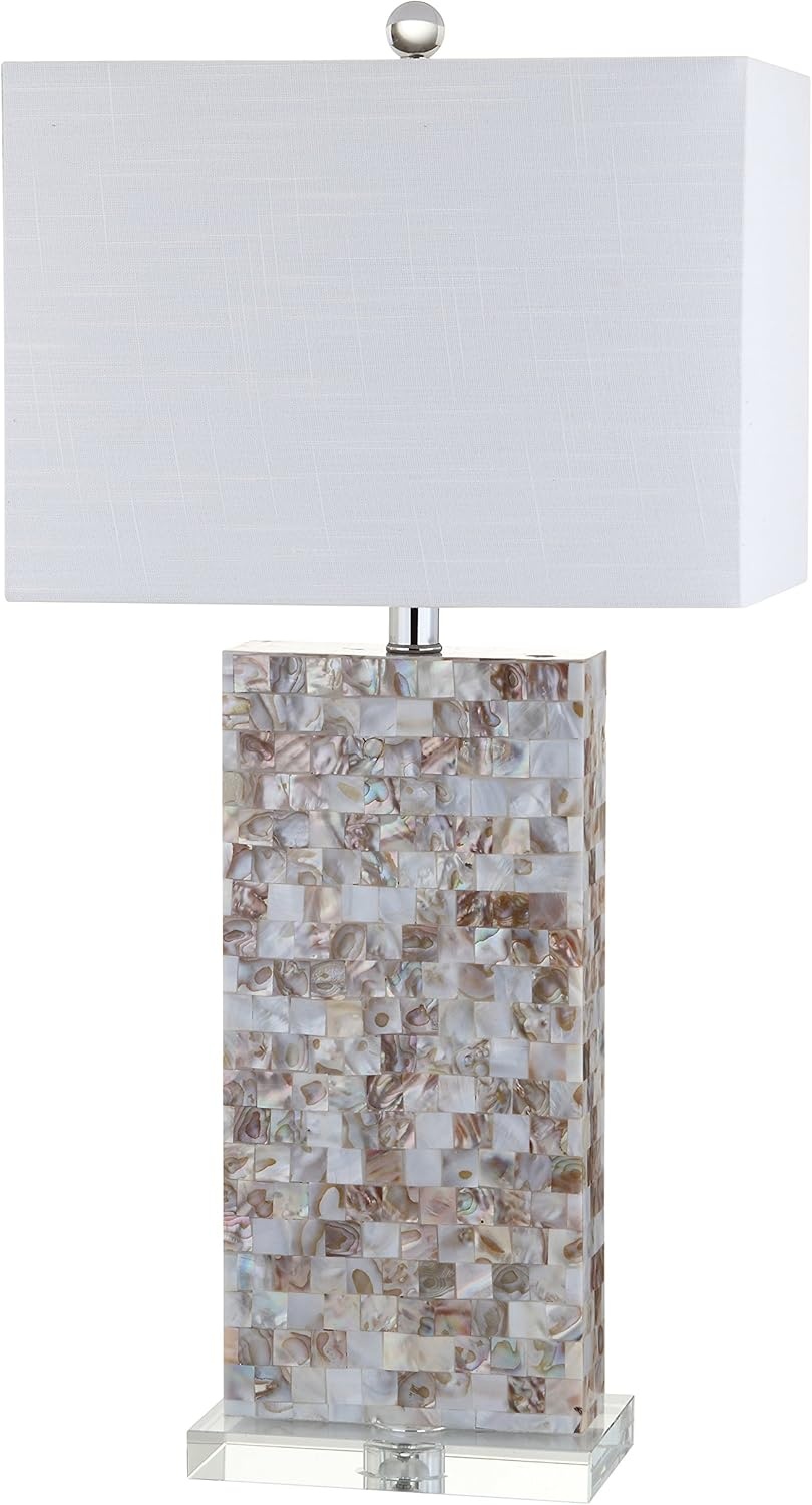image:imageJONATHAN Y 29 Natural Seashell and Crystal Table Lamp Coastal Mosaic Capiz Shell Bedside Lamp for Living Room Bedroom White Linen Rectangle Shade LED Bulb Included JYL1059A