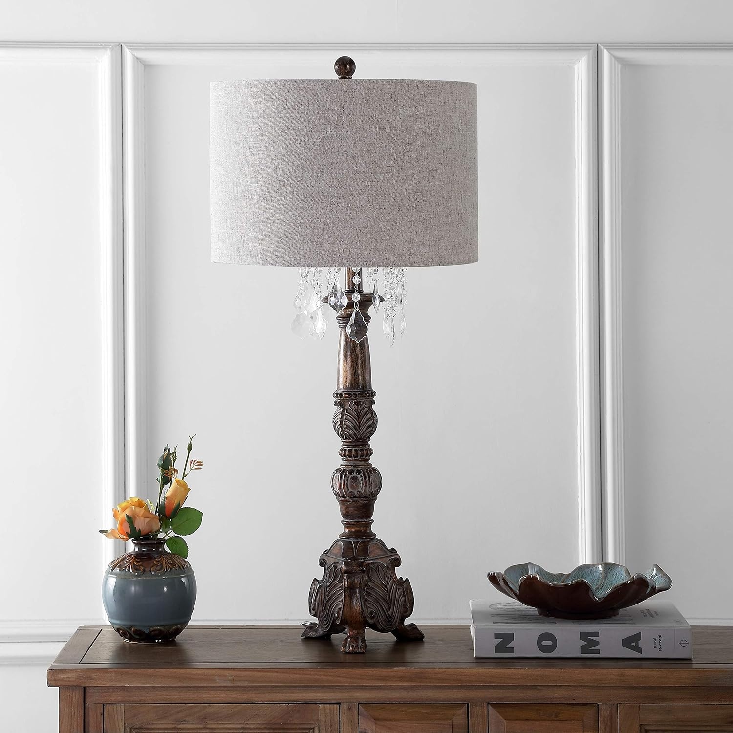 image:imageJONATHAN Y 335 Antique Brown Resin Table Lamp Traditional French Country Candlestick Lamp with Acrylic Crystals and Gray Linen Shade for Living Room LED Bulb Included JYL3030A