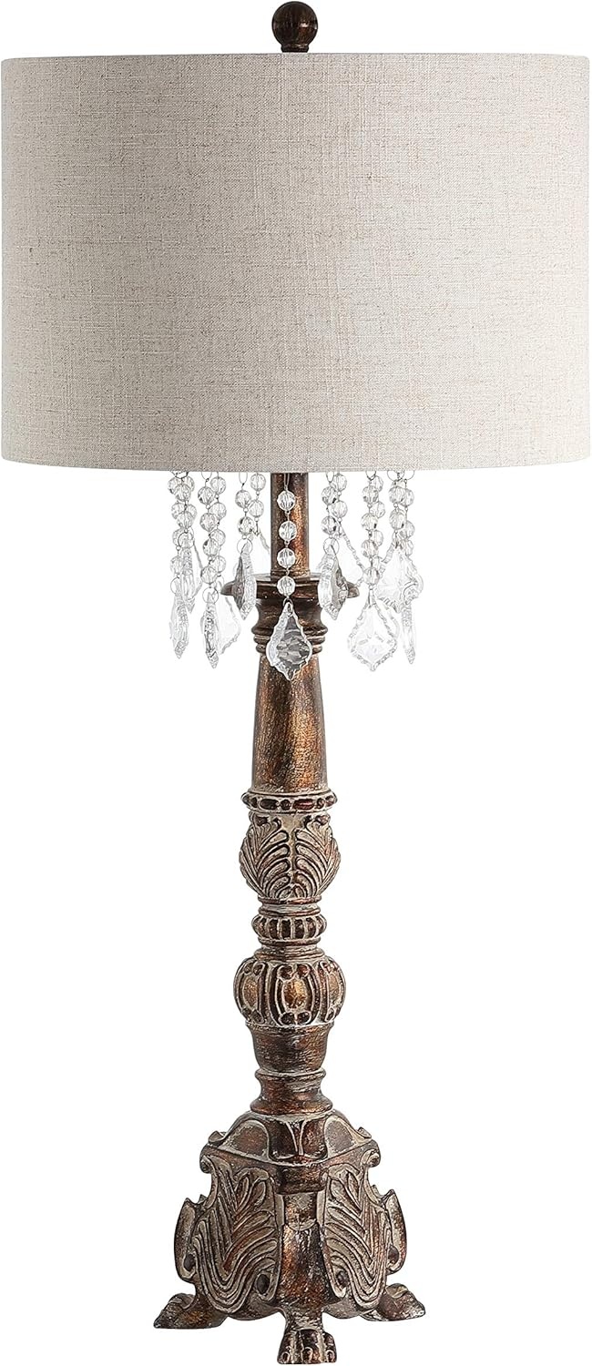 image:imageJONATHAN Y 335 Antique Brown Resin Table Lamp Traditional French Country Candlestick Lamp with Acrylic Crystals and Gray Linen Shade for Living Room LED Bulb Included JYL3030A