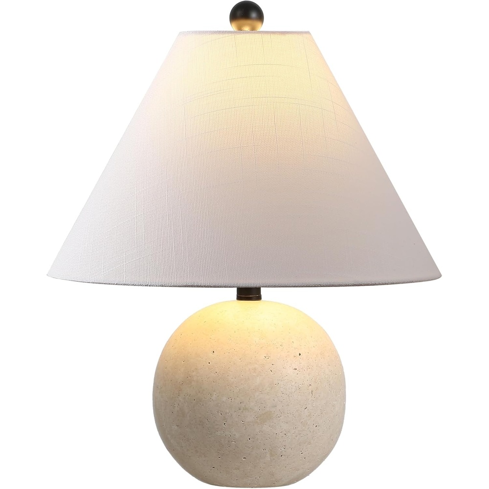 image:imageJONATHAN Y 16 Modern Minimalist Travertine Stone Table Lamp Beige MidCentury Scandinavian Bedside Lamp for Living Room White Linen Shade LED Bulb Included JYL1151A