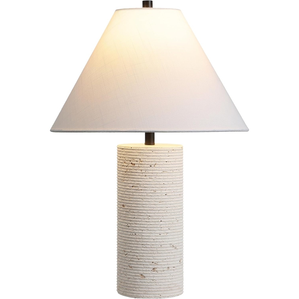 image:imageJONATHAN Y 2250 Modern Minimalist Travertine Column LED Table Lamp Beige Natural Stone Base with White Linen Empire Shade for Living Room Bedroom LED Bulb Included JYL1152A