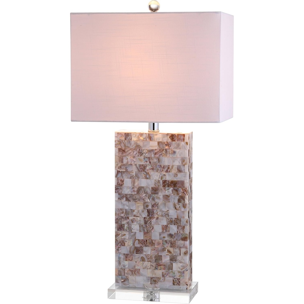 image:imageJONATHAN Y 29 Natural Seashell and Crystal Table Lamp Coastal Mosaic Capiz Shell Bedside Lamp for Living Room Bedroom White Linen Rectangle Shade LED Bulb Included JYL1059A