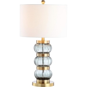 JONATHAN Y 27.5″ Smoked Gray and Brass Gold Glass Table Lamp, Contemporary Stacked Sphere Lamp for Living Room Bedroom, White Linen Shade, LED Bulb Included, UL Listed JYL4039A