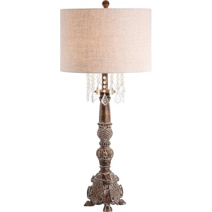 JONATHAN Y 33.5″ Antique Brown Resin Table Lamp, Traditional French Country Candlestick Lamp with Acrylic Crystals and Gray Linen Shade for Living Room, LED Bulb Included JYL3030A