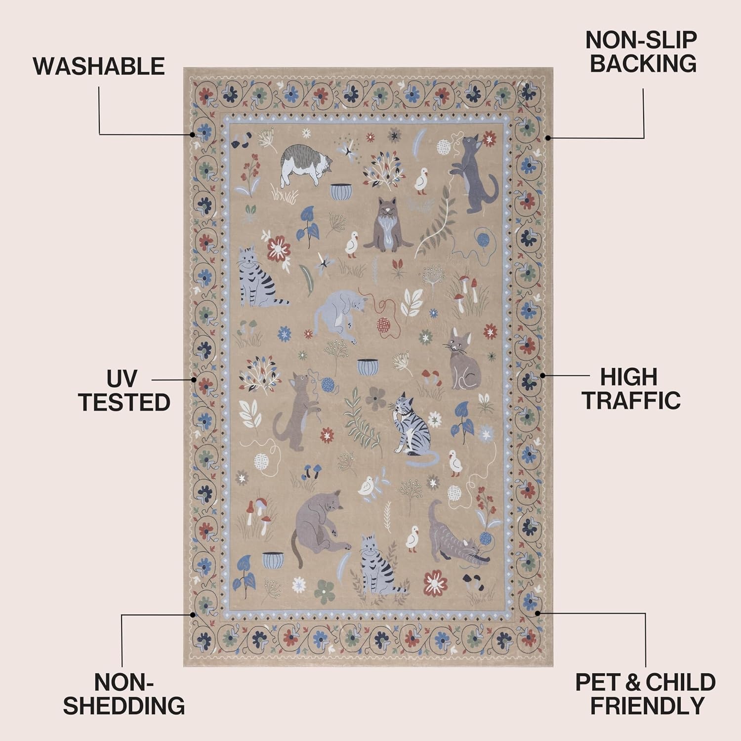 image:imageJONATHAN Y Animal Washable Polyester MachineWashable Runner Rug Charcoal Catmosphere Festive Feline Floral Border Design 2 x 8 Whimsical LowPile with NonSlip Backing for Hallway ANM100C28Tan