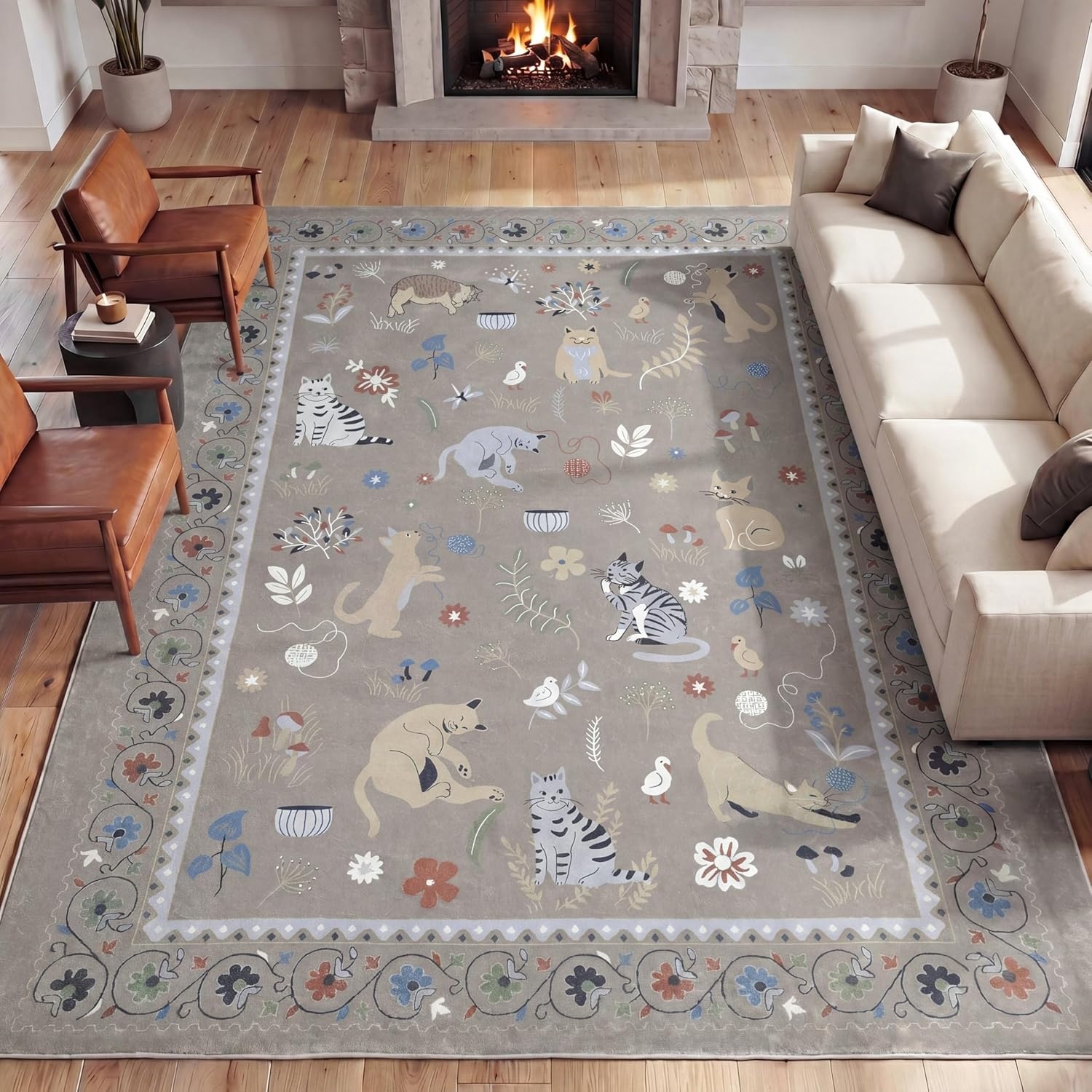 image:imageJONATHAN Y Animal Washable Polyester MachineWashable Runner Rug Charcoal Catmosphere Festive Feline Floral Border Design 2 x 8 Whimsical LowPile with NonSlip Backing for Hallway ANM100C28Taupe