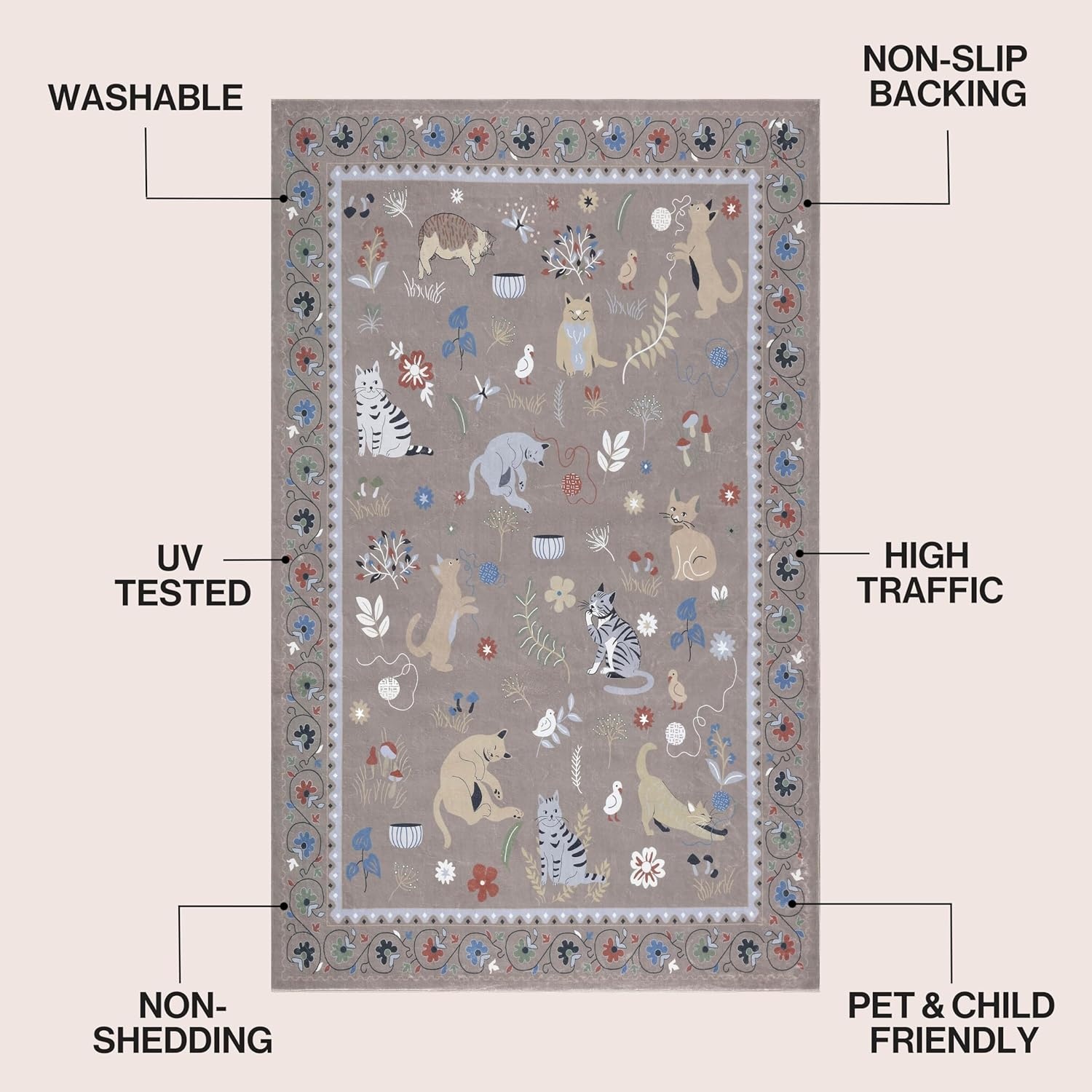 image:imageJONATHAN Y Animal Washable Polyester MachineWashable Runner Rug Charcoal Catmosphere Festive Feline Floral Border Design 2 x 8 Whimsical LowPile with NonSlip Backing for Hallway ANM100C28Taupe