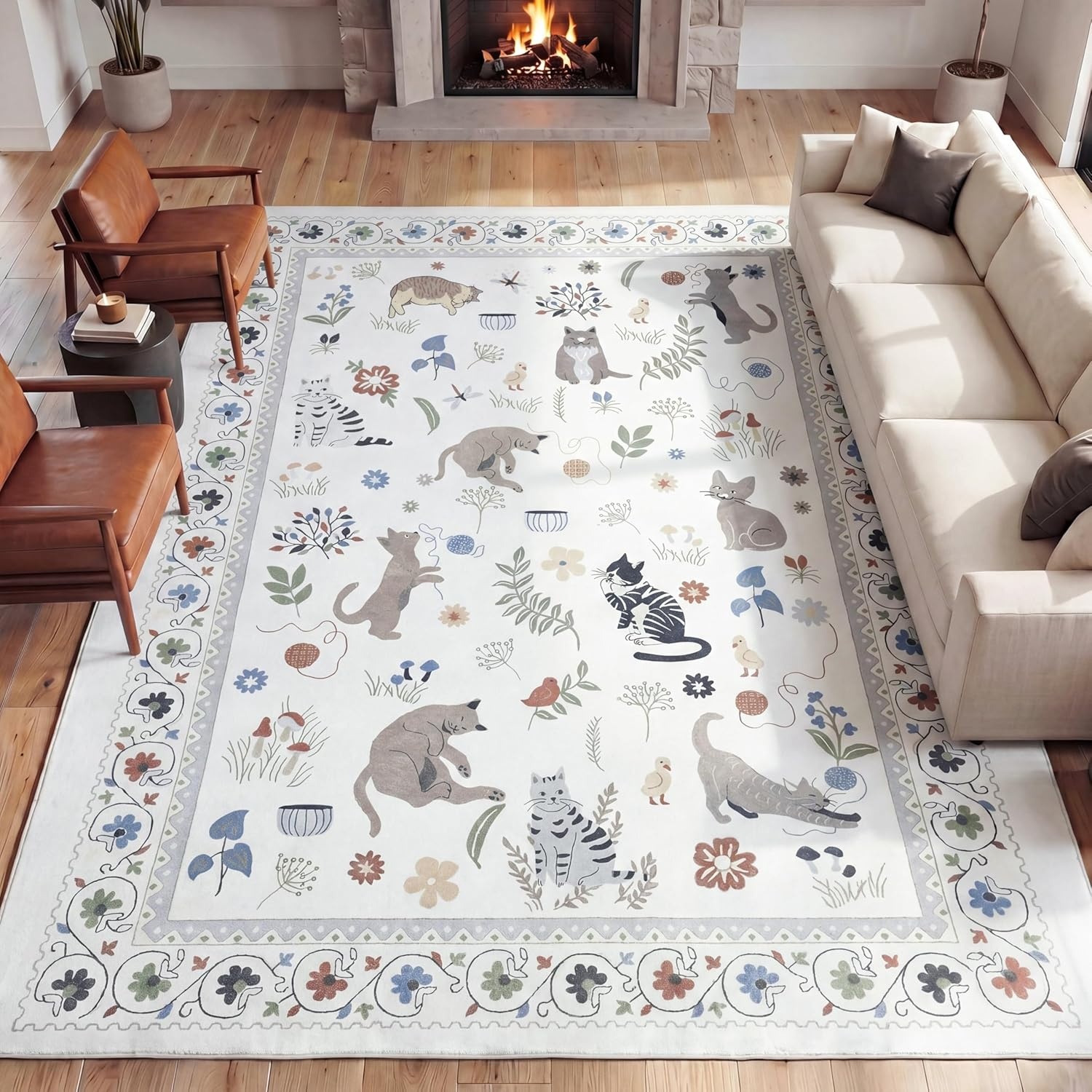 image:imageJONATHAN Y Animal Washable Polyester MachineWashable Runner Rug Charcoal Catmosphere Festive Feline Floral Border Design 2 x 8 Whimsical LowPile with NonSlip Backing for Hallway ANM100C28Ivory