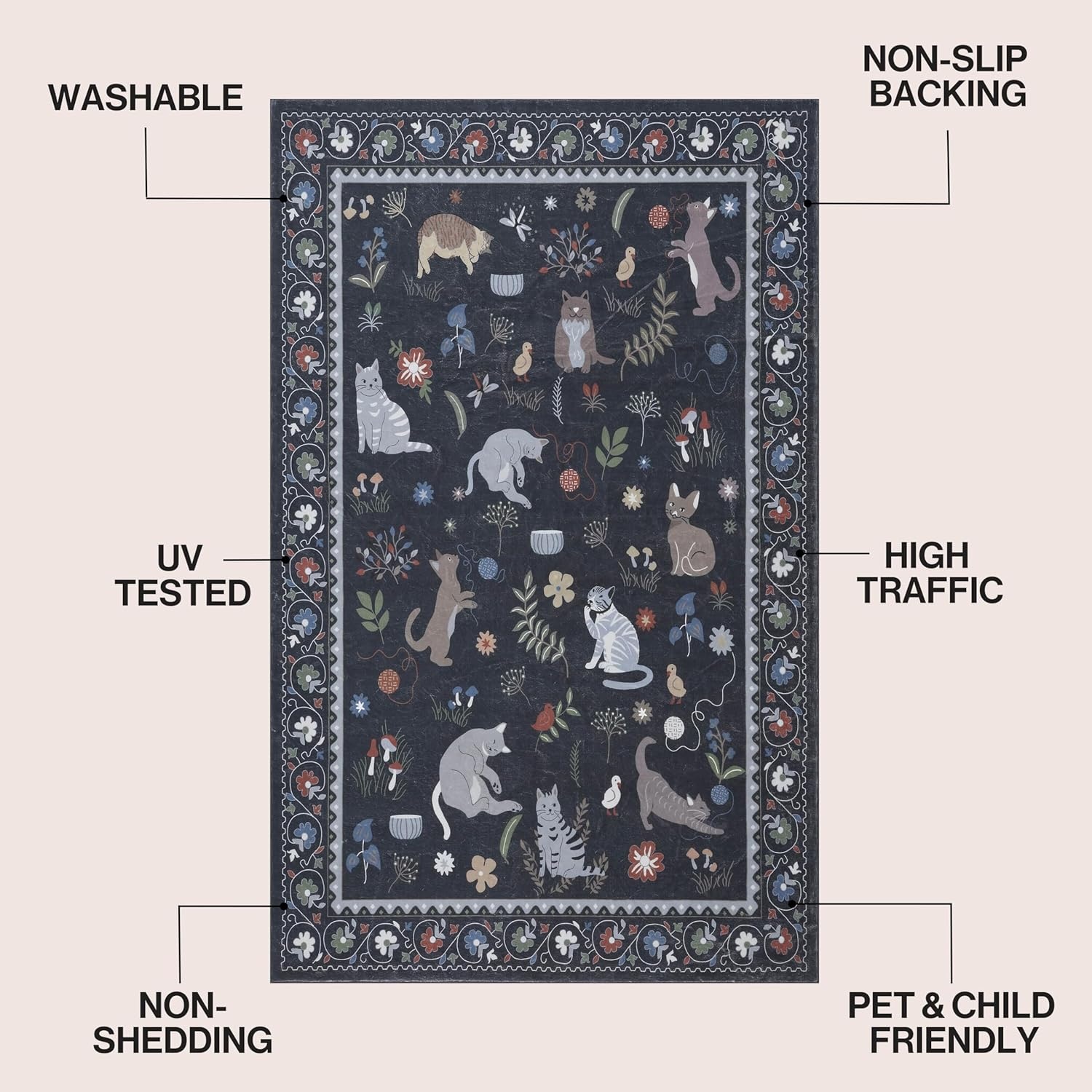 image:imageJONATHAN Y Animal Washable Polyester MachineWashable Runner Rug Charcoal Catmosphere Festive Feline Floral Border Design 2 x 8 Whimsical LowPile with NonSlip Backing for Hallway ANM100C28Charcoal