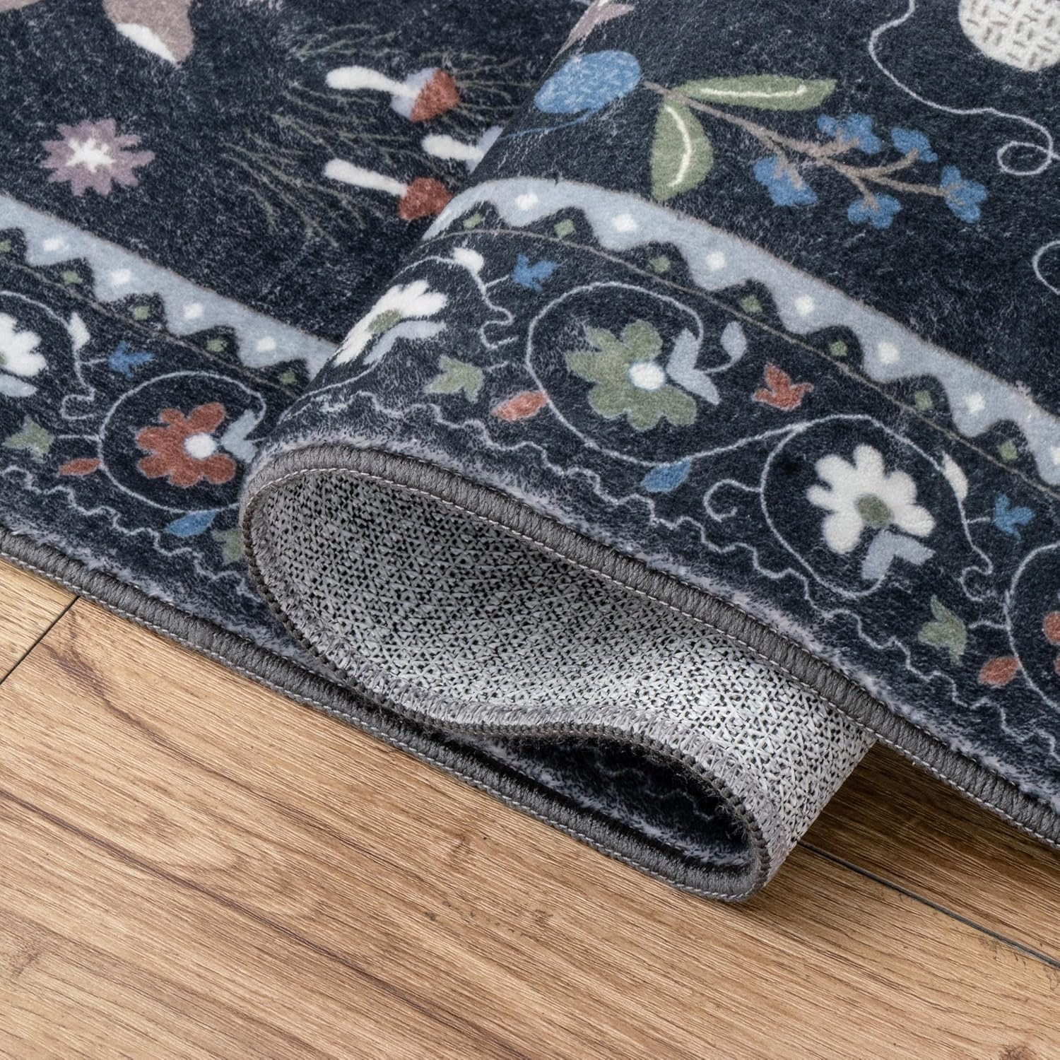 image:imageJONATHAN Y Animal Washable Polyester MachineWashable Runner Rug Charcoal Catmosphere Festive Feline Floral Border Design 2 x 8 Whimsical LowPile with NonSlip Backing for Hallway ANM100C28Charcoal
