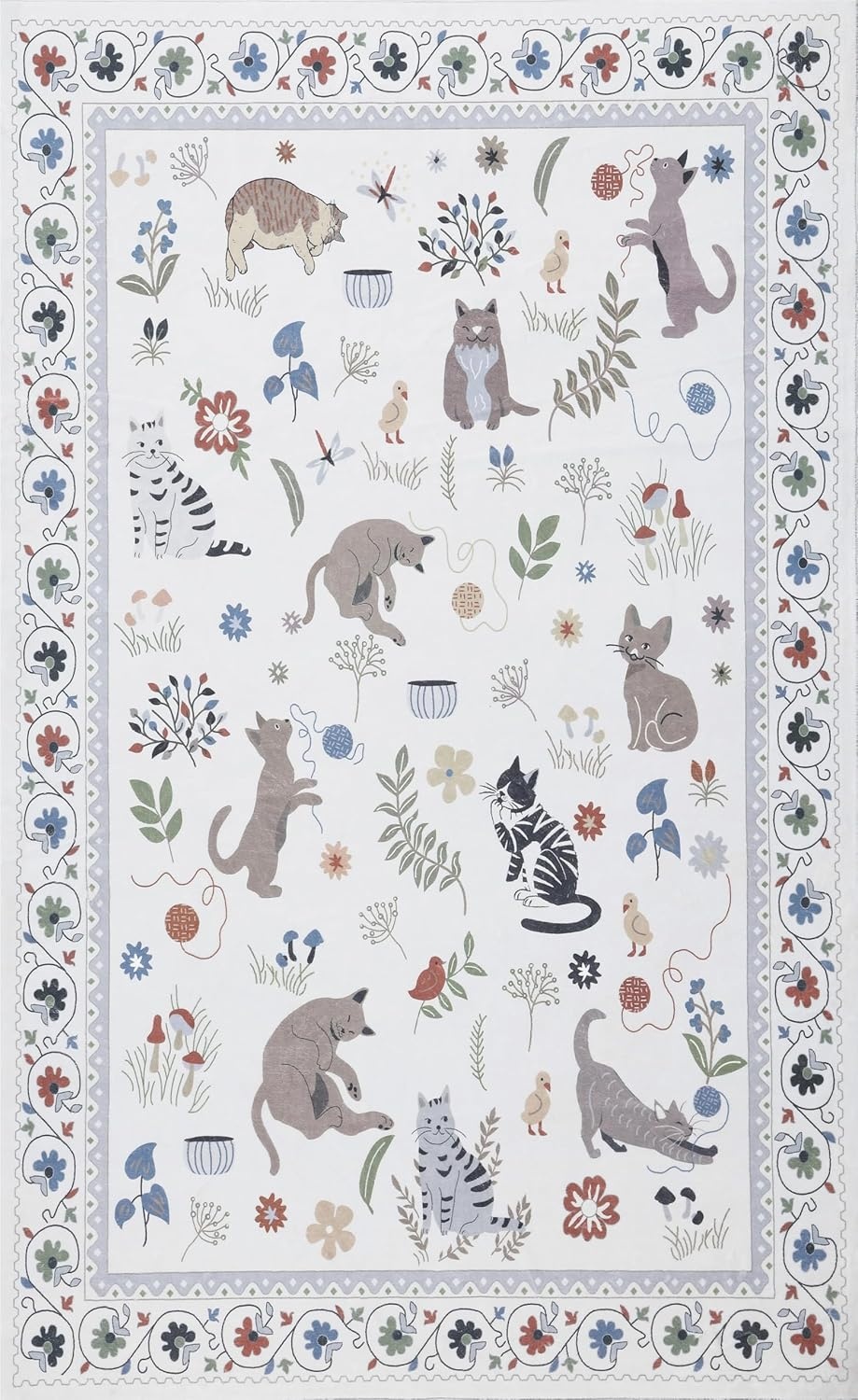 image:imageJONATHAN Y Animal Washable Polyester MachineWashable Runner Rug Charcoal Catmosphere Festive Feline Floral Border Design 2 x 8 Whimsical LowPile with NonSlip Backing for Hallway ANM100C28Ivory