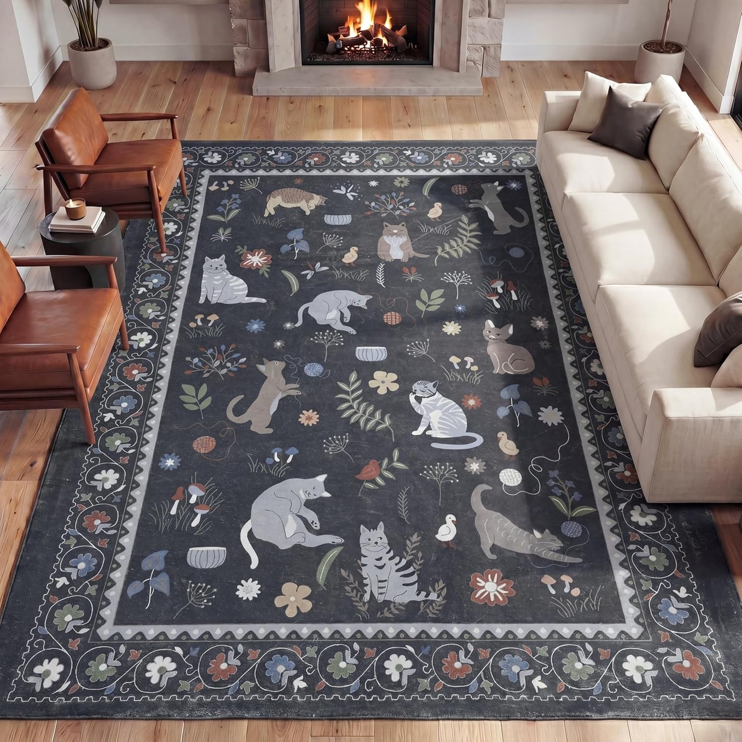 image:imageJONATHAN Y Animal Washable Polyester MachineWashable Runner Rug Charcoal Catmosphere Festive Feline Floral Border Design 2 x 8 Whimsical LowPile with NonSlip Backing for Hallway ANM100C28Charcoal
