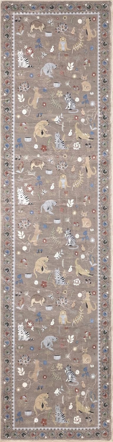 image:imageJONATHAN Y Animal Washable Polyester MachineWashable Runner Rug Charcoal Catmosphere Festive Feline Floral Border Design 2 x 8 Whimsical LowPile with NonSlip Backing for Hallway ANM100C28Taupe