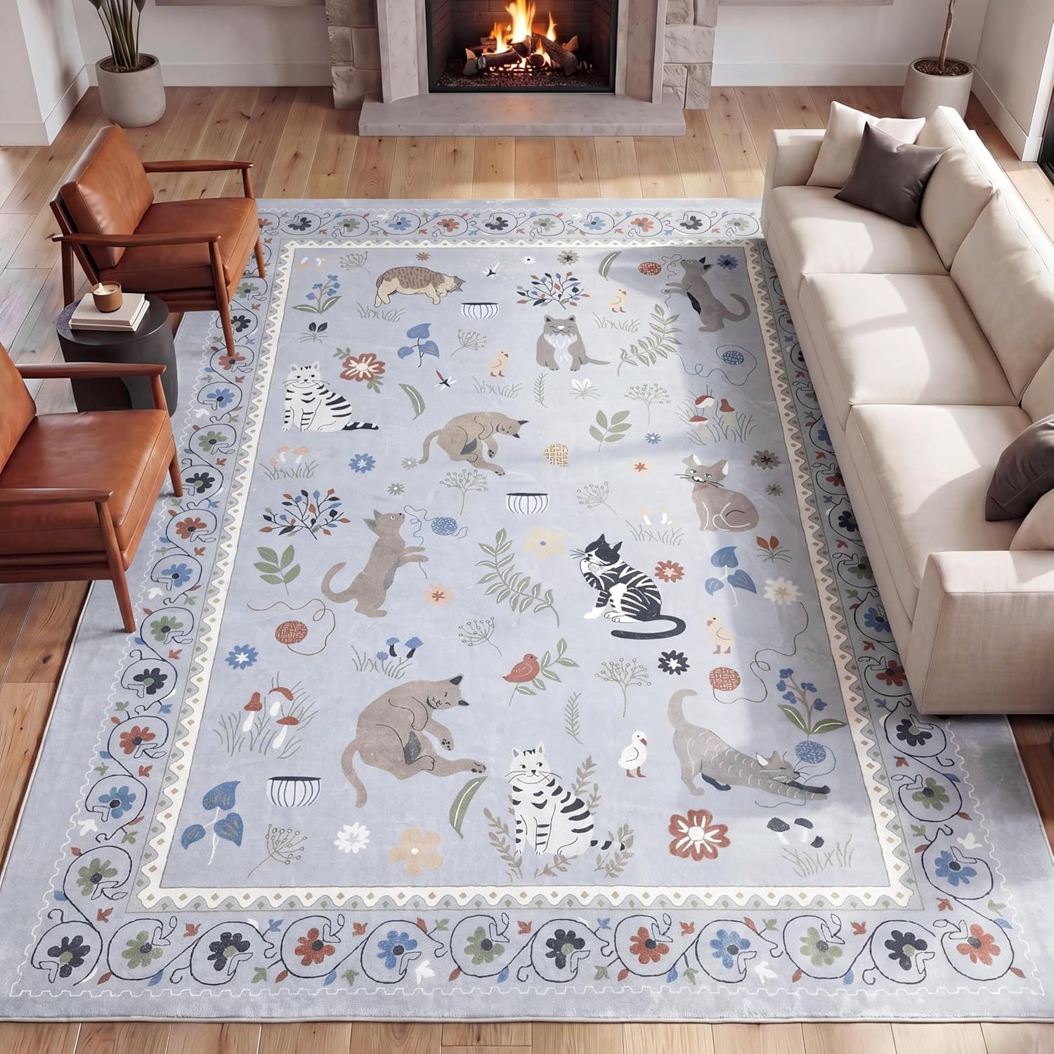 image:imageJONATHAN Y Animal Washable Polyester MachineWashable Runner Rug Charcoal Catmosphere Festive Feline Floral Border Design 2 x 8 Whimsical LowPile with NonSlip Backing for Hallway ANM100C28Grey