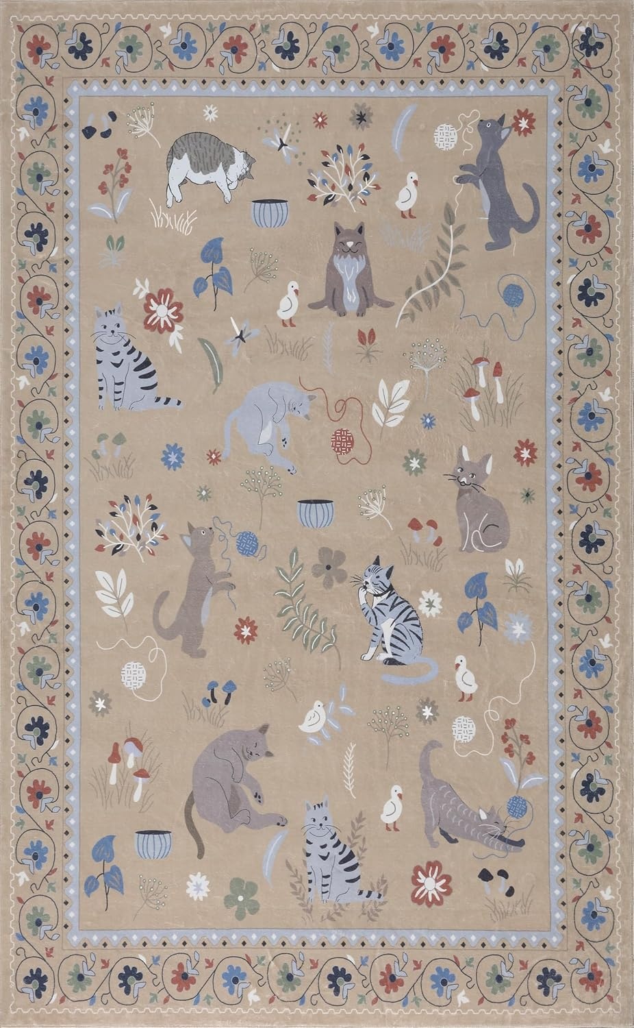 image:imageJONATHAN Y Animal Washable Polyester MachineWashable Runner Rug Charcoal Catmosphere Festive Feline Floral Border Design 2 x 8 Whimsical LowPile with NonSlip Backing for Hallway ANM100C28Tan