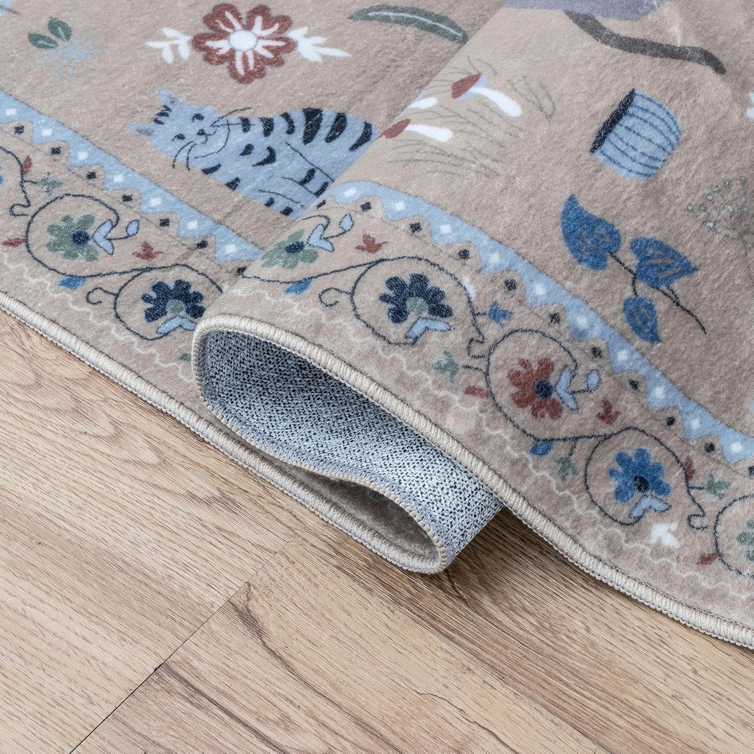 image:imageJONATHAN Y Animal Washable Polyester MachineWashable Runner Rug Charcoal Catmosphere Festive Feline Floral Border Design 2 x 8 Whimsical LowPile with NonSlip Backing for Hallway ANM100C28Tan