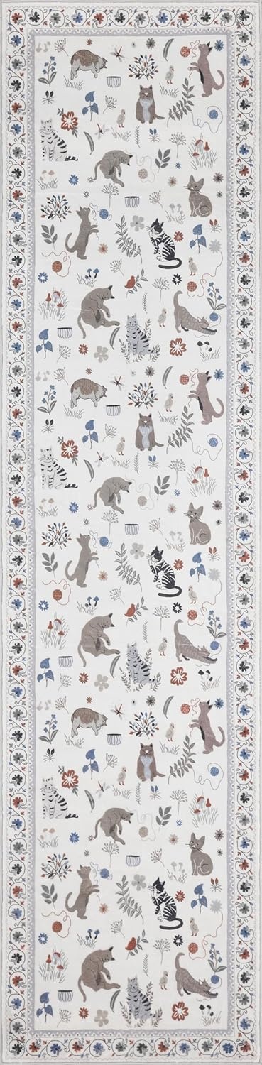 image:imageJONATHAN Y Animal Washable Polyester MachineWashable Runner Rug Charcoal Catmosphere Festive Feline Floral Border Design 2 x 8 Whimsical LowPile with NonSlip Backing for Hallway ANM100C28Ivory