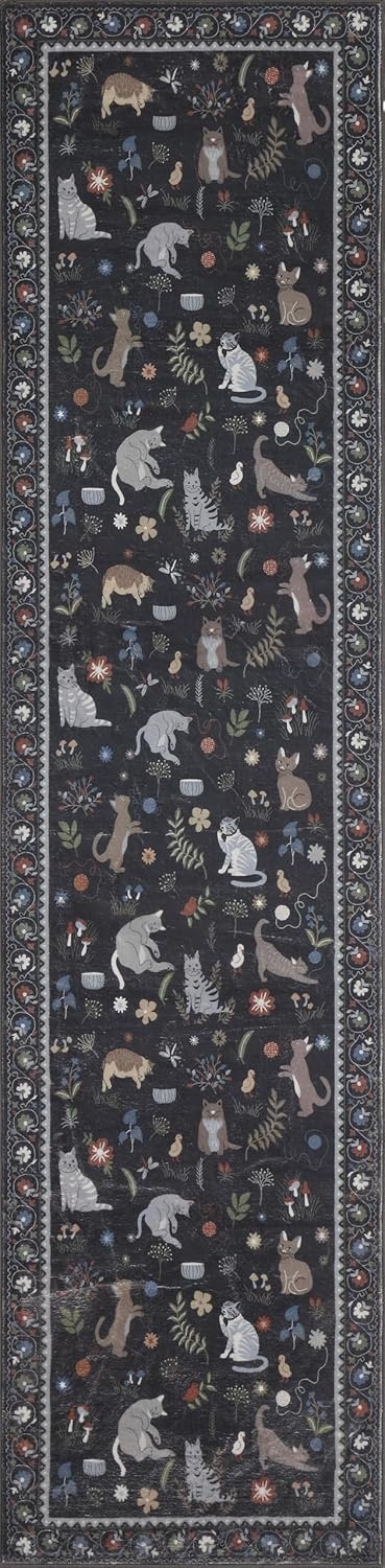 image:imageJONATHAN Y Animal Washable Polyester MachineWashable Runner Rug Charcoal Catmosphere Festive Feline Floral Border Design 2 x 8 Whimsical LowPile with NonSlip Backing for Hallway ANM100C28Charcoal
