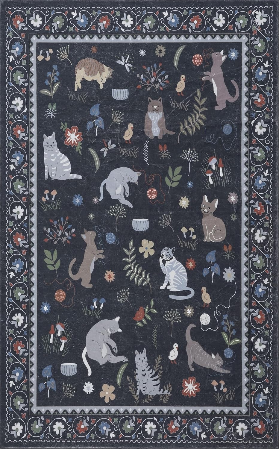image:imageJONATHAN Y Animal Washable Polyester MachineWashable Runner Rug Charcoal Catmosphere Festive Feline Floral Border Design 2 x 8 Whimsical LowPile with NonSlip Backing for Hallway ANM100C28Charcoal