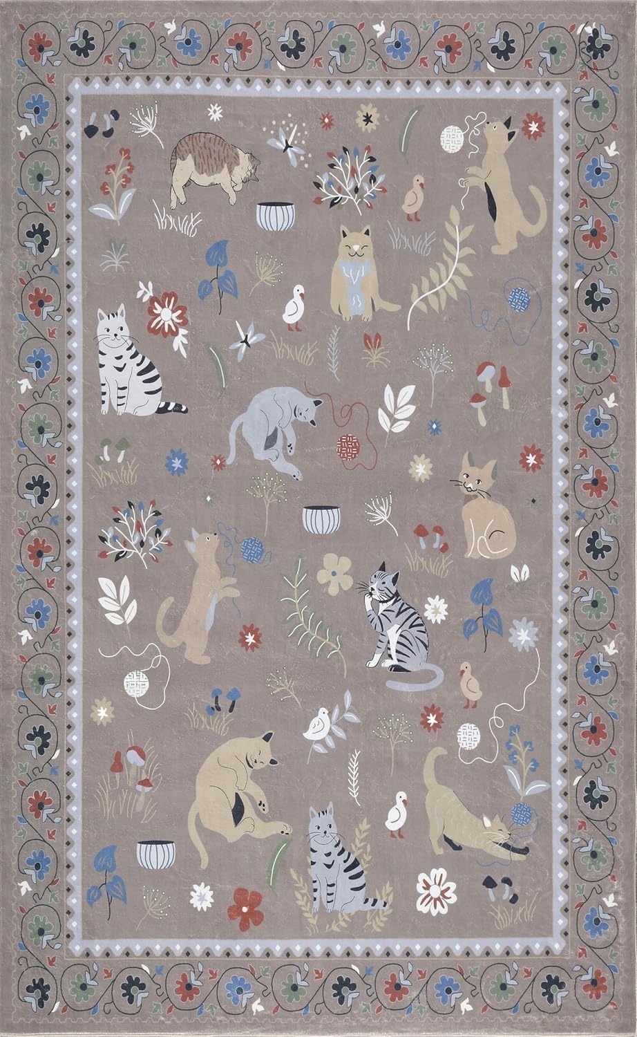 image:imageJONATHAN Y Animal Washable Polyester MachineWashable Runner Rug Charcoal Catmosphere Festive Feline Floral Border Design 2 x 8 Whimsical LowPile with NonSlip Backing for Hallway ANM100C28Taupe