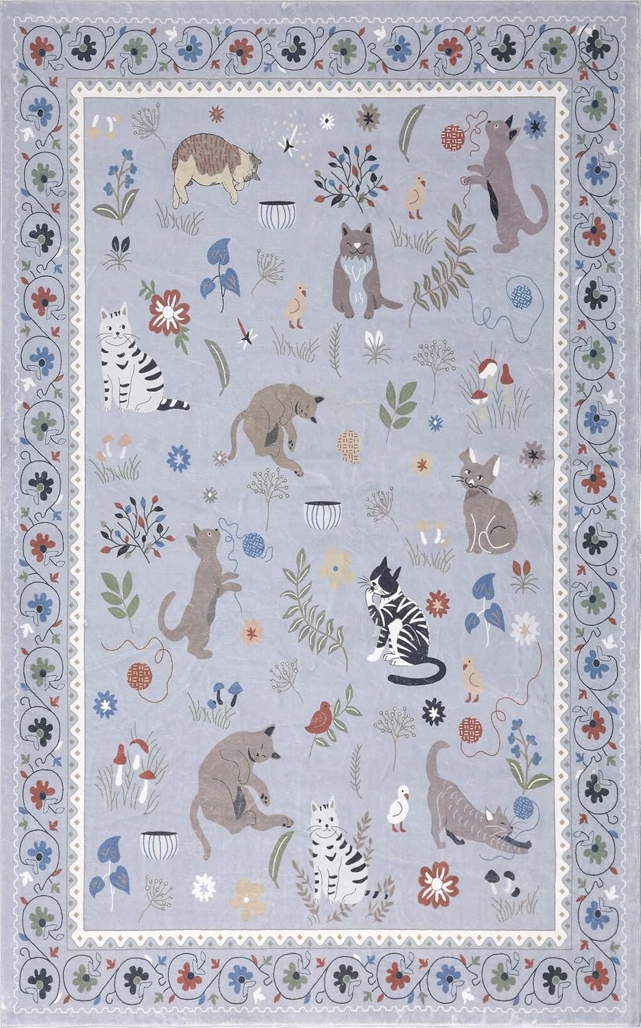 image:imageJONATHAN Y Animal Washable Polyester MachineWashable Runner Rug Charcoal Catmosphere Festive Feline Floral Border Design 2 x 8 Whimsical LowPile with NonSlip Backing for Hallway ANM100C28Grey