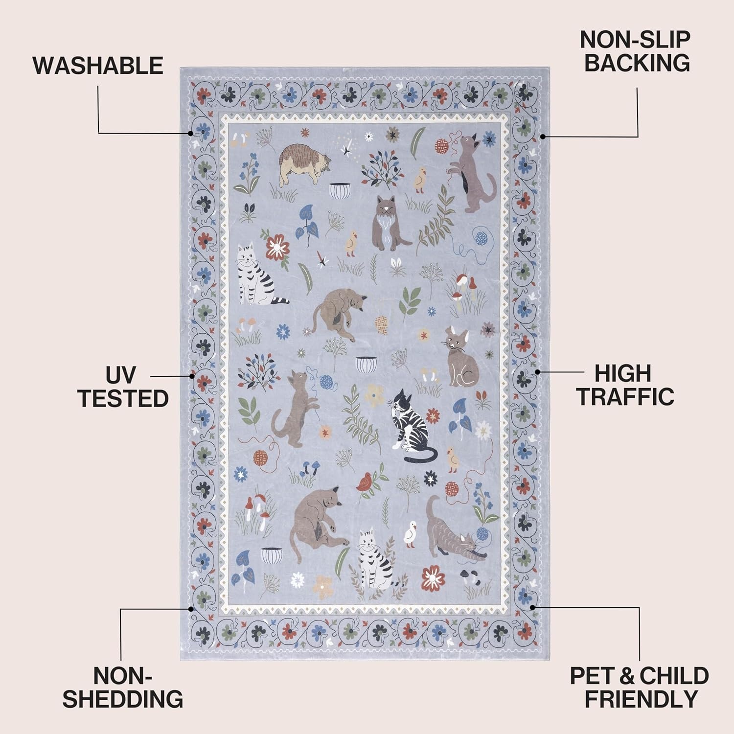 image:imageJONATHAN Y Animal Washable Polyester MachineWashable Runner Rug Charcoal Catmosphere Festive Feline Floral Border Design 2 x 8 Whimsical LowPile with NonSlip Backing for Hallway ANM100C28Grey