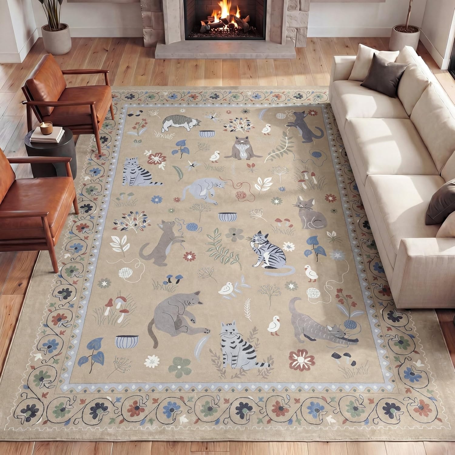 image:imageJONATHAN Y Animal Washable Polyester MachineWashable Runner Rug Charcoal Catmosphere Festive Feline Floral Border Design 2 x 8 Whimsical LowPile with NonSlip Backing for Hallway ANM100C28Tan