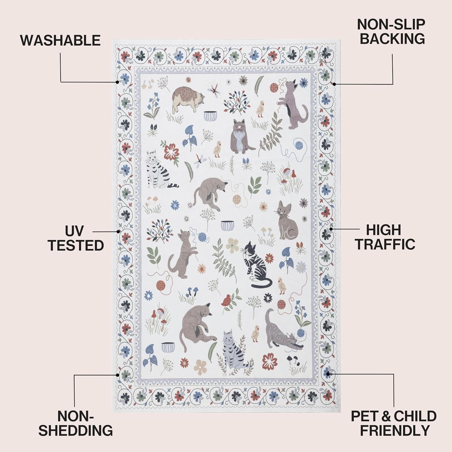 image:imageJONATHAN Y Animal Washable Polyester MachineWashable Runner Rug Charcoal Catmosphere Festive Feline Floral Border Design 2 x 8 Whimsical LowPile with NonSlip Backing for Hallway ANM100C28Ivory