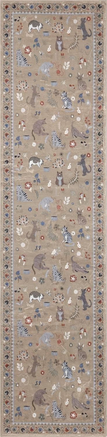 image:imageJONATHAN Y Animal Washable Polyester MachineWashable Runner Rug Charcoal Catmosphere Festive Feline Floral Border Design 2 x 8 Whimsical LowPile with NonSlip Backing for Hallway ANM100C28Tan